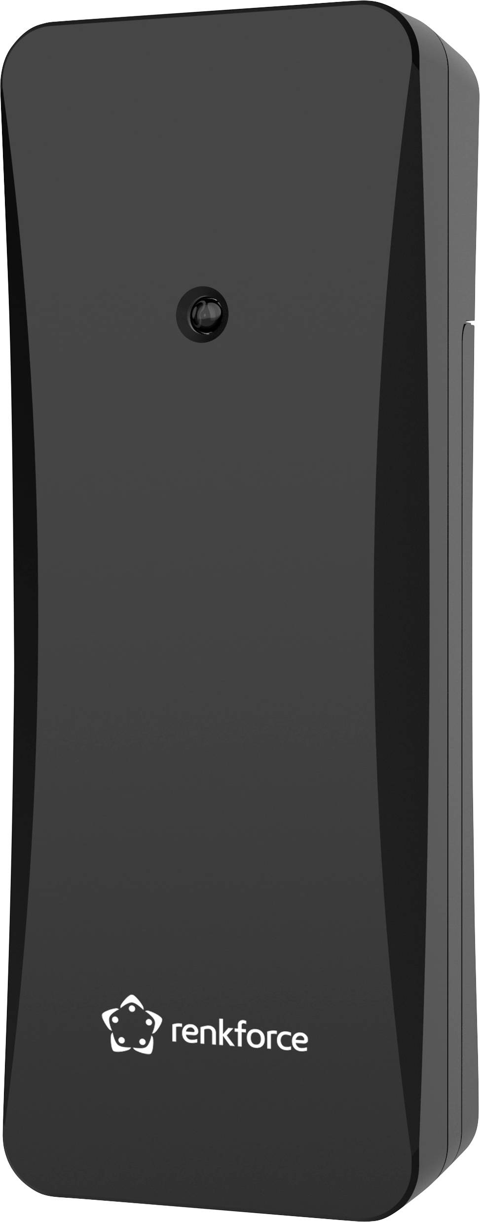Ein schwarzer drahtloser Temperatur- und Luftfeuchtigkeitssensor der Marke Renkforce. Das Gerät ist kompakt und schlank gestaltet.
