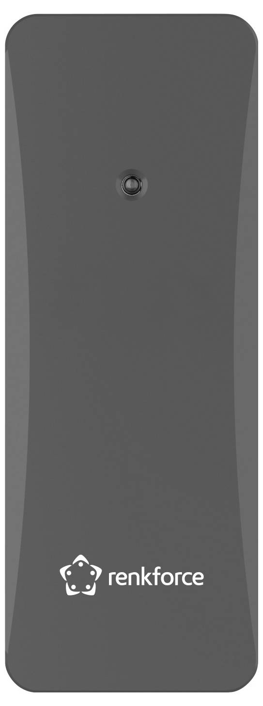 'Renkforce'-Gerät in dunklem Gehäuse mit Kameraobjektiv oben in der Mitte, Vorderansicht.