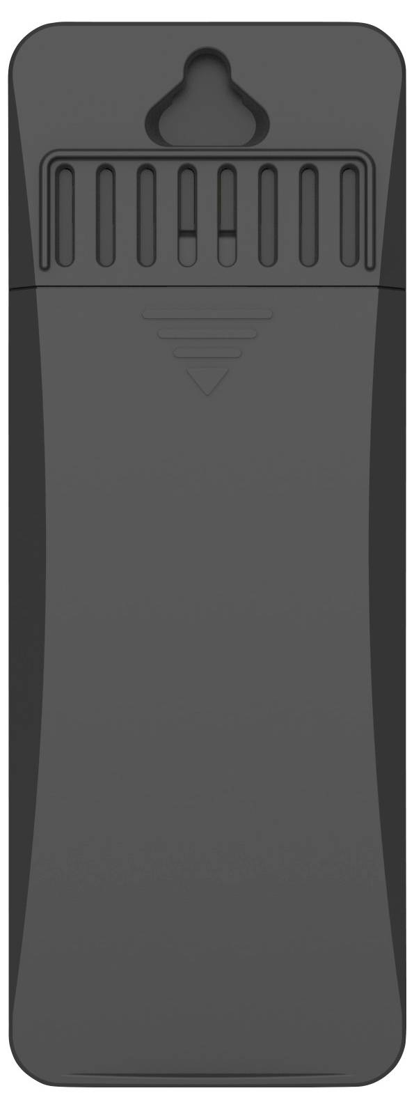 Ein schwarzes, rechteckiges, flaches Gerätgehäuse mit abgerundeten Ecken und einer abnehmbaren Kappe, die Rillen aufweist.