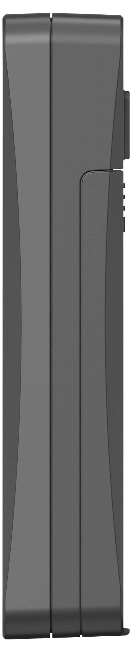 Eine seitliche Ansicht eines dunkelgrauen USB-Sticks mit einem schlanken, rechteckigen Design.