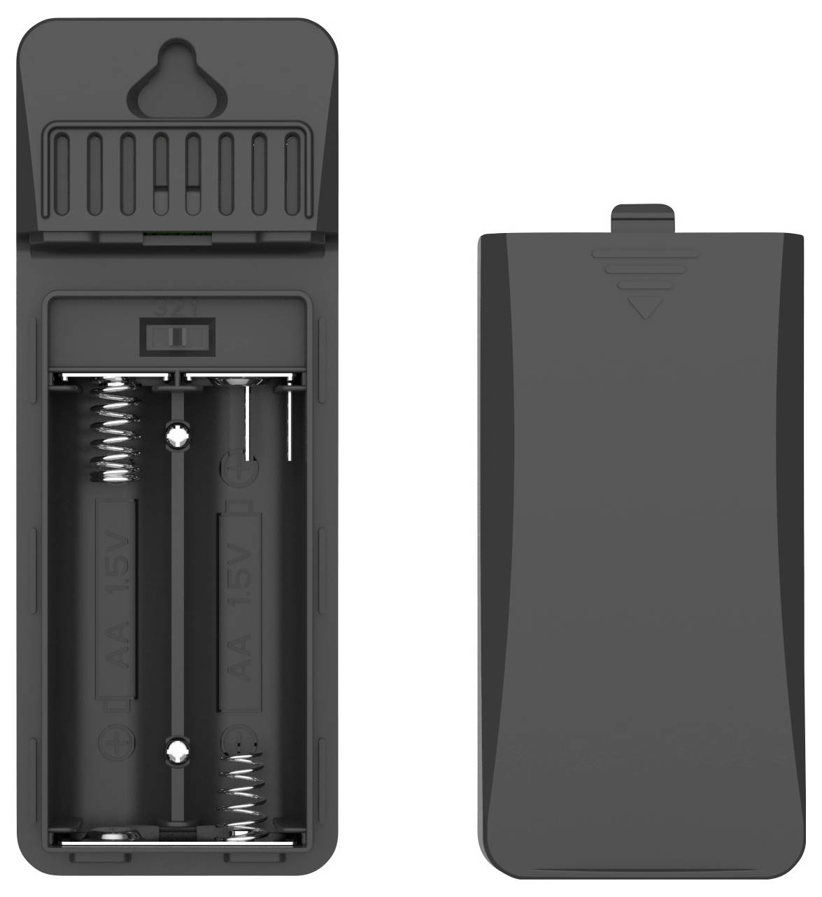 Offene Batteriefachabdeckung mit Raum für zwei AA-Batterien, linke Seite zeigt metallische Batteriekontakte, rechte Abdeckung geschlossen.