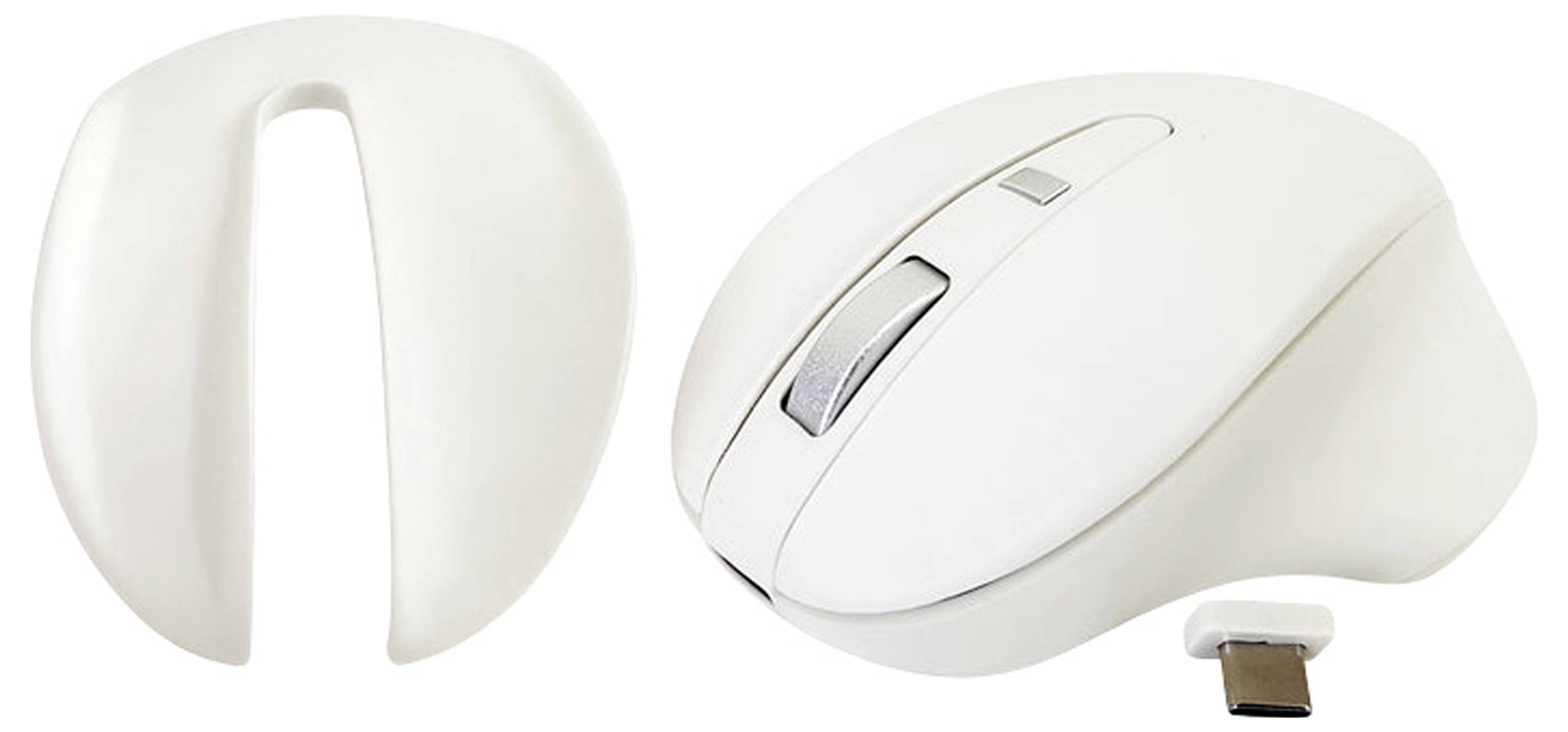 Weiße ergonomische Computermaus mit USB-Empfänger links daneben.