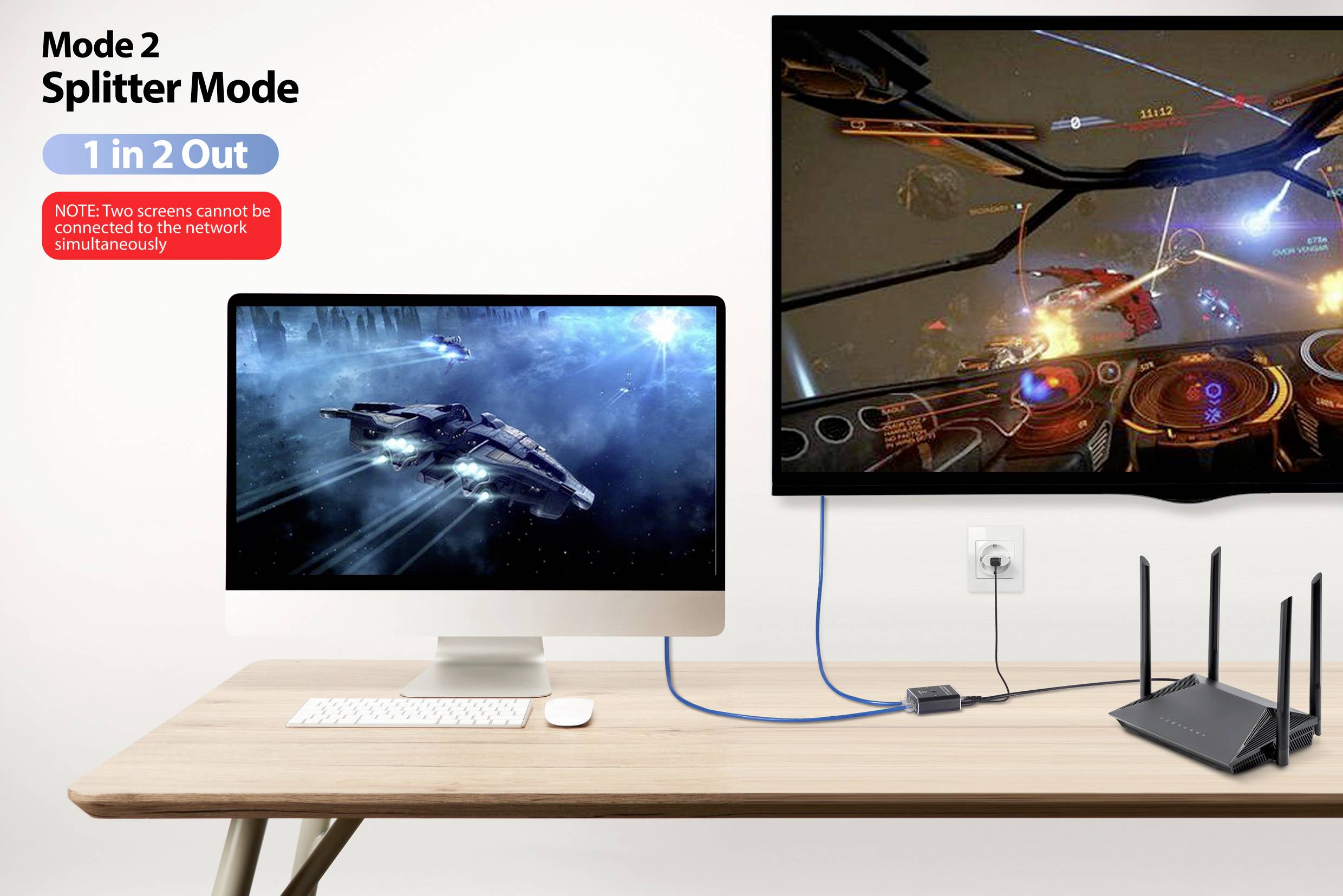 Ein Computermonitor zeigt ein Weltraumspiel. Ein zweiter, großer Bildschirm zeigt dasselbe Spiel. Beide Bildschirme sind über ein Kabel mit einem Router verbunden.