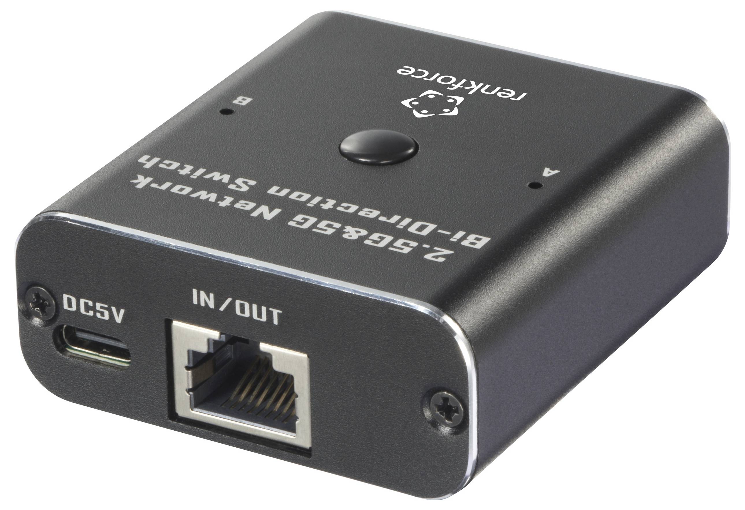 Ein schwarzer Netzwerk-Switch mit USB-C-Stromanschluss und Ethernet-Port, beschriftet mit '2.5G/5G Network Bi-Direction Switch'.