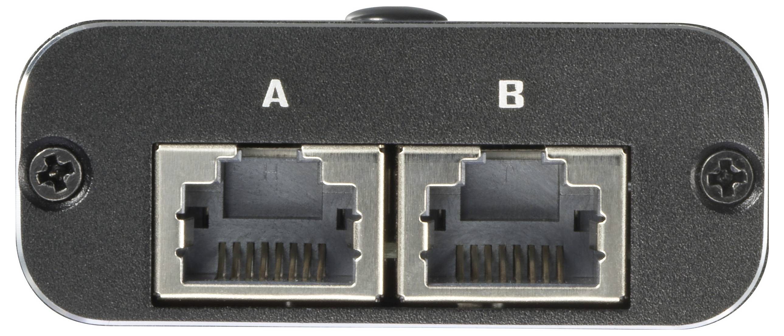 Zwei nebeneinander liegende Ethernet-Anschlüsse auf einem Gerät, mit den Bezeichnungen 'A' und 'B' darüber.