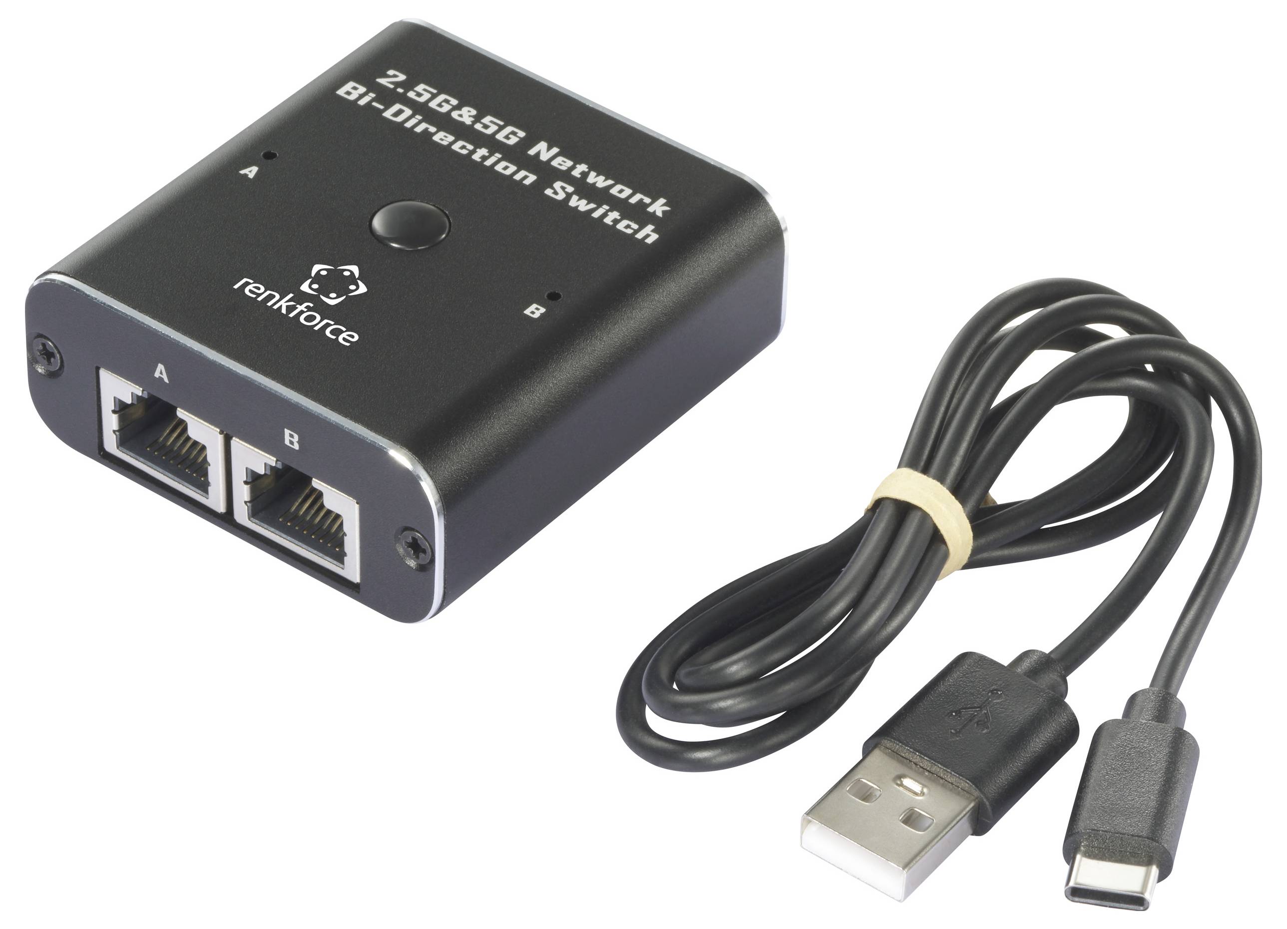 Ein Netzwerk-Umschalter mit zwei Ethernet-Anschlüssen und einem USB-Kabel. Beschriftung: '2.5G&5G Network Bi-Direction Switch'.