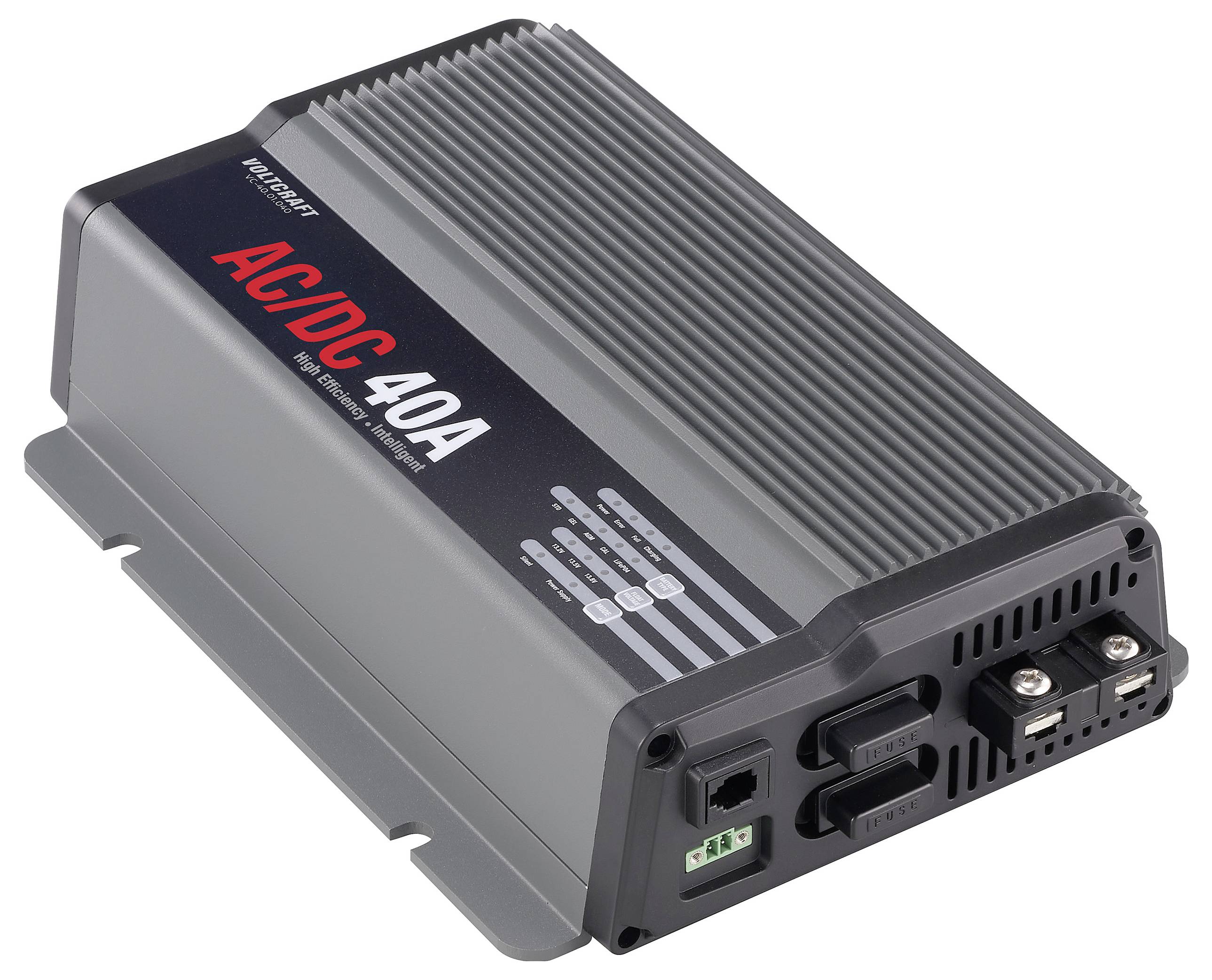 Ein graues AC/DC 40A Netzteil von Victron Energy, zeigt Anschlussdetails an der Vorderseite. Geeignet für industrielle Anwendungen.