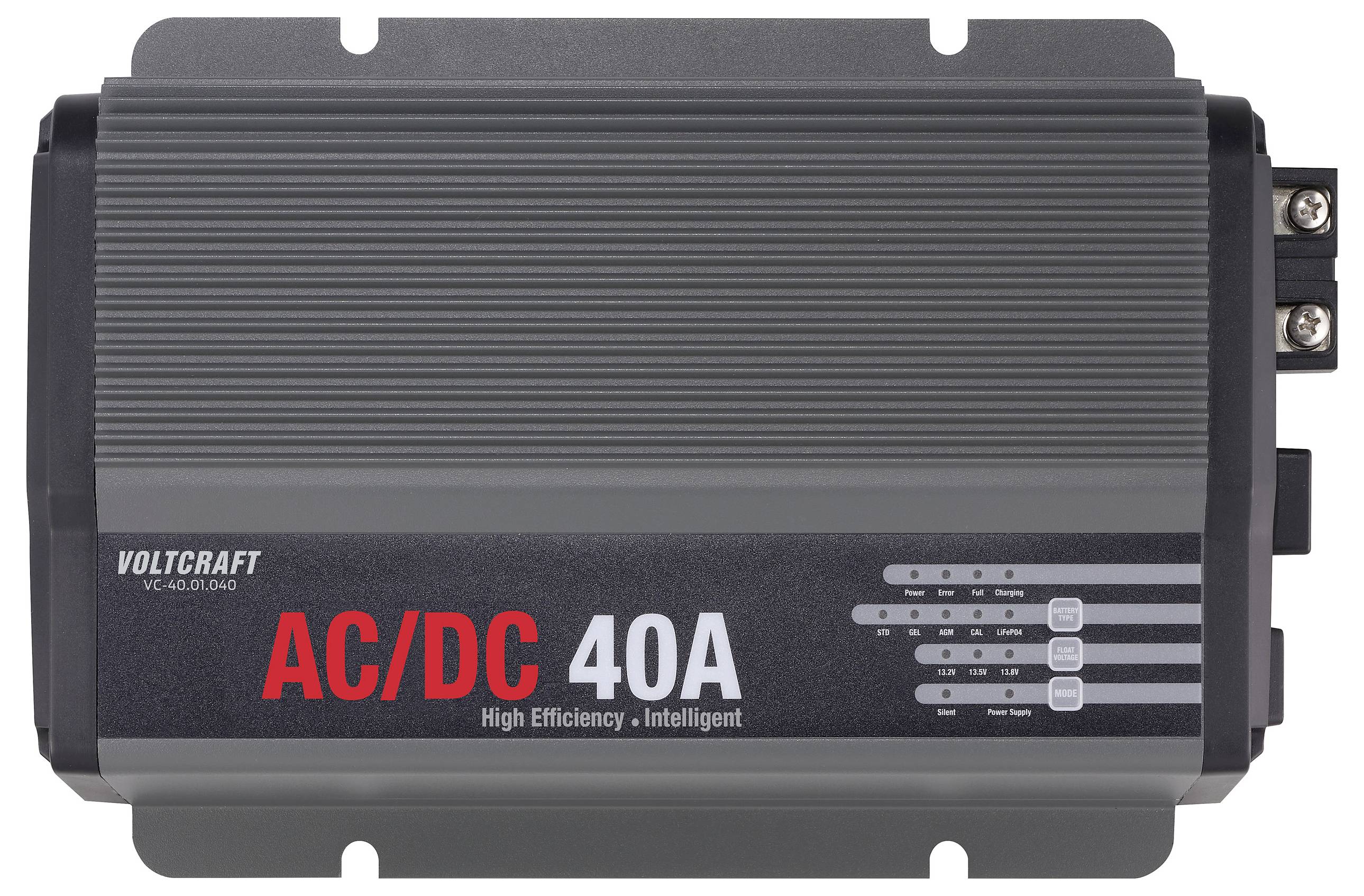 'Voltcraft AC/DC 40A' Ladegerät, frontal abgebildet. Zeigt Anschlüsse und Kontrollleuchten zur Anzeige des Ladezustands.