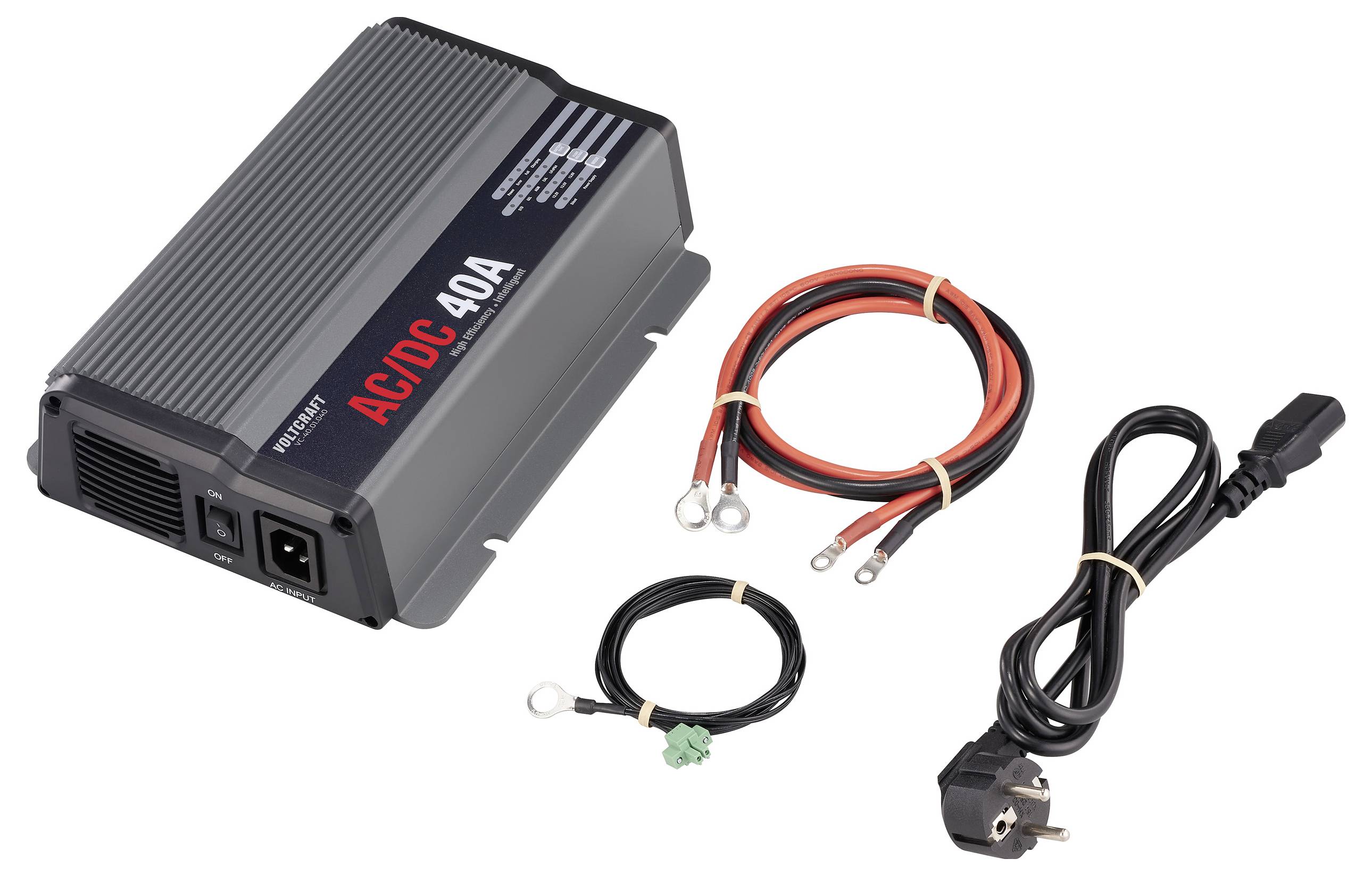 'AC/DC 40A Netzteil' mit Kabeln und Steckern. Hauptgerät ist rechteckig, schwarz-grau, mit Aufschrift. Kabel für Stromverbindungen.