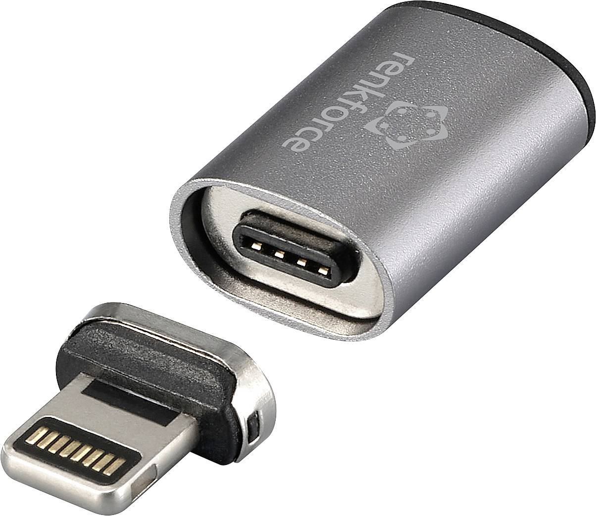 Kleiner silberner Adapter mit USB-C-Anschluss auf Lightning. Ermöglicht Verbindungen zwischen Geräten mit unterschiedlichen Schnittstellen.
