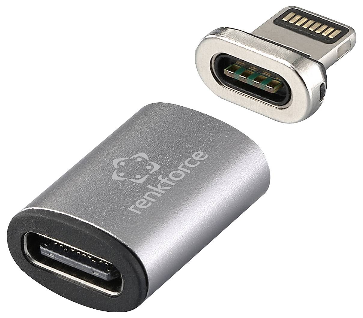 Ein silberner USB-C-Adapter mit 'renkforce'-Logo. Verbindet USB-C-Geräte mit einem Magnetanschluss für einfaches An- und Abstecken.