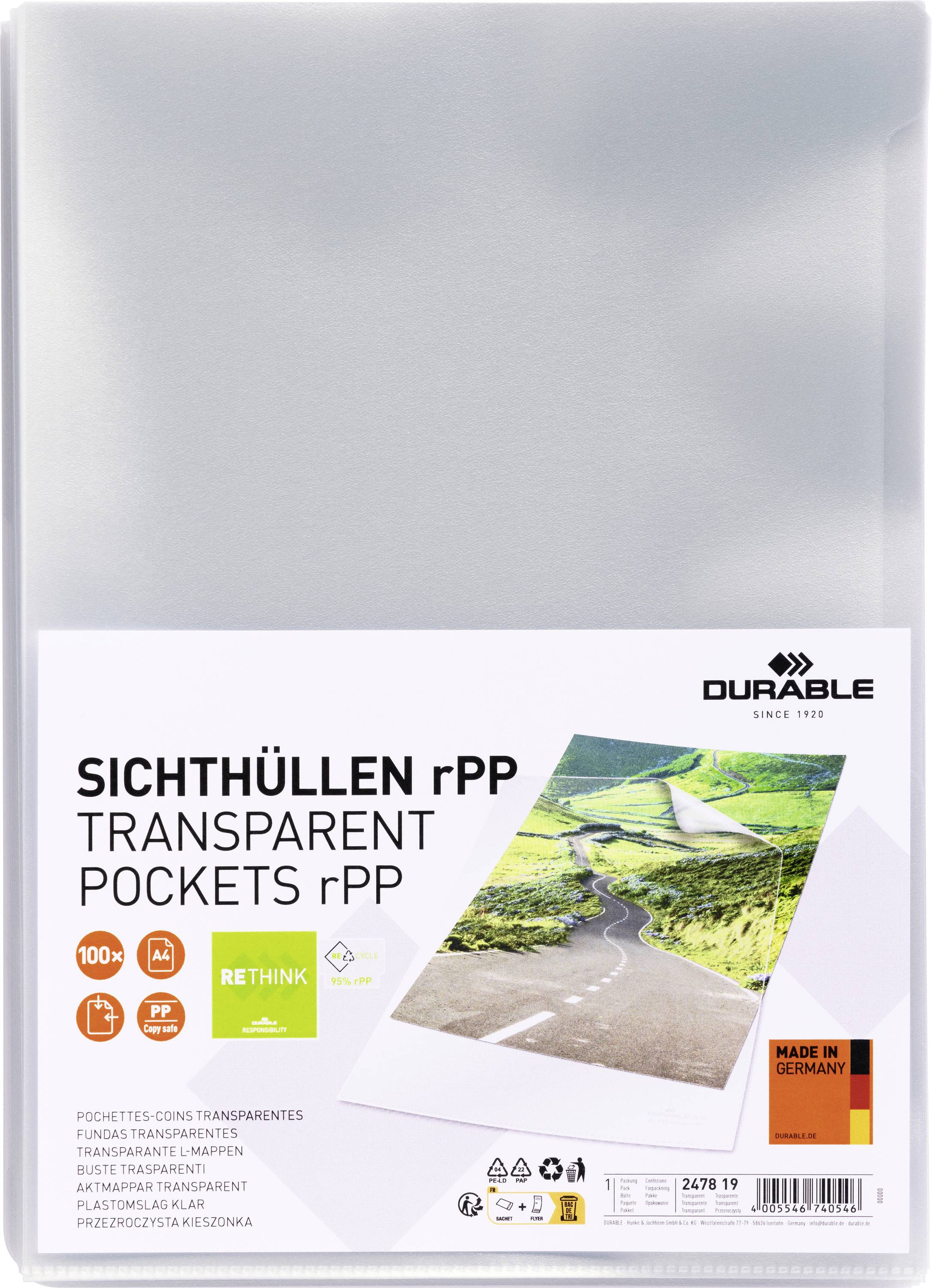 Durable Sichthülle STANDARD rPP DIN A4 Recycling Kunststoff, Kunststoff 0.10mm Transparent 247819 100St.