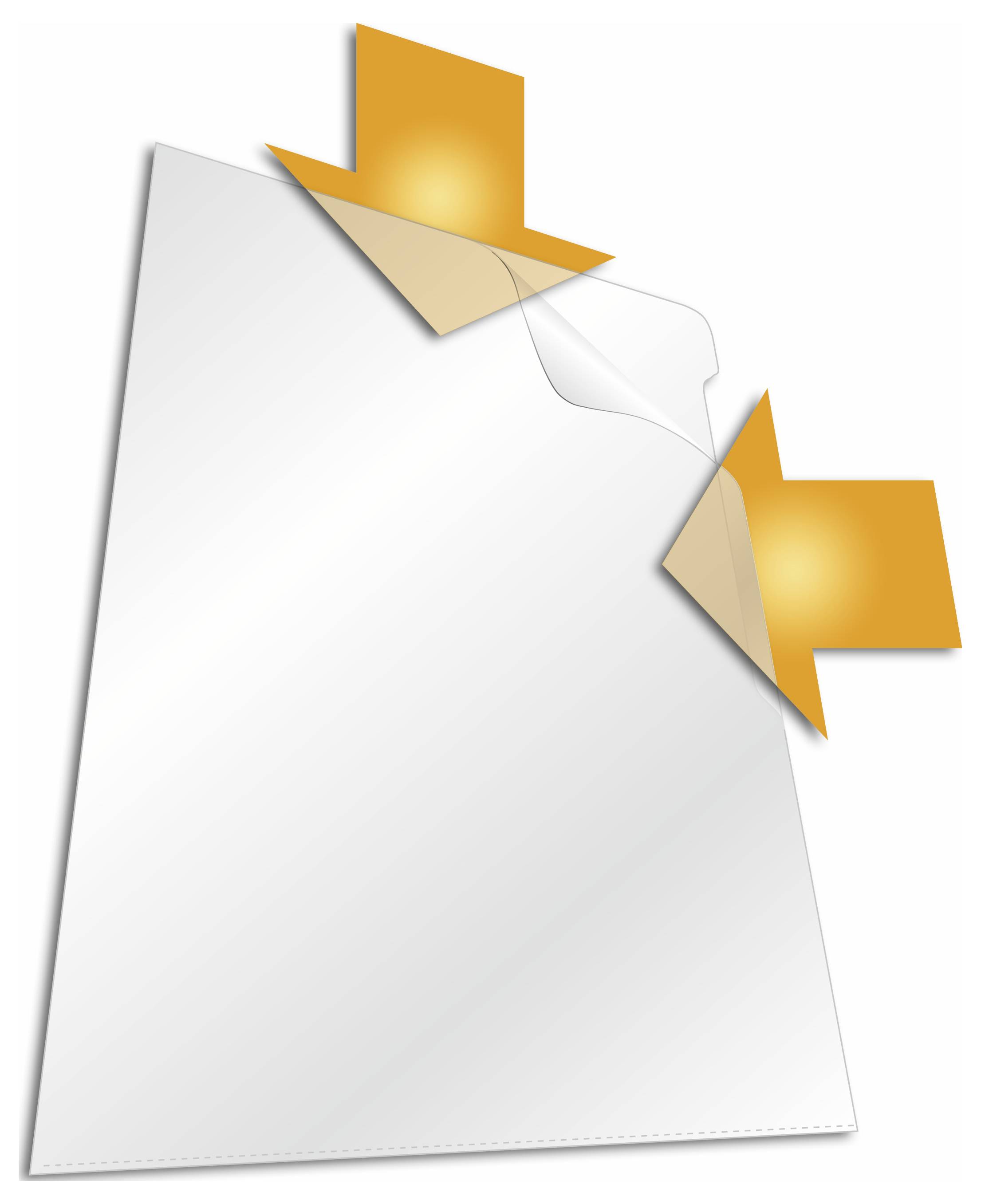 Leere transparente Dokumentenhülle aus Kunststoff mit zwei orangefarbenen Pfeilen, die auf die Öffnung hinweisen.