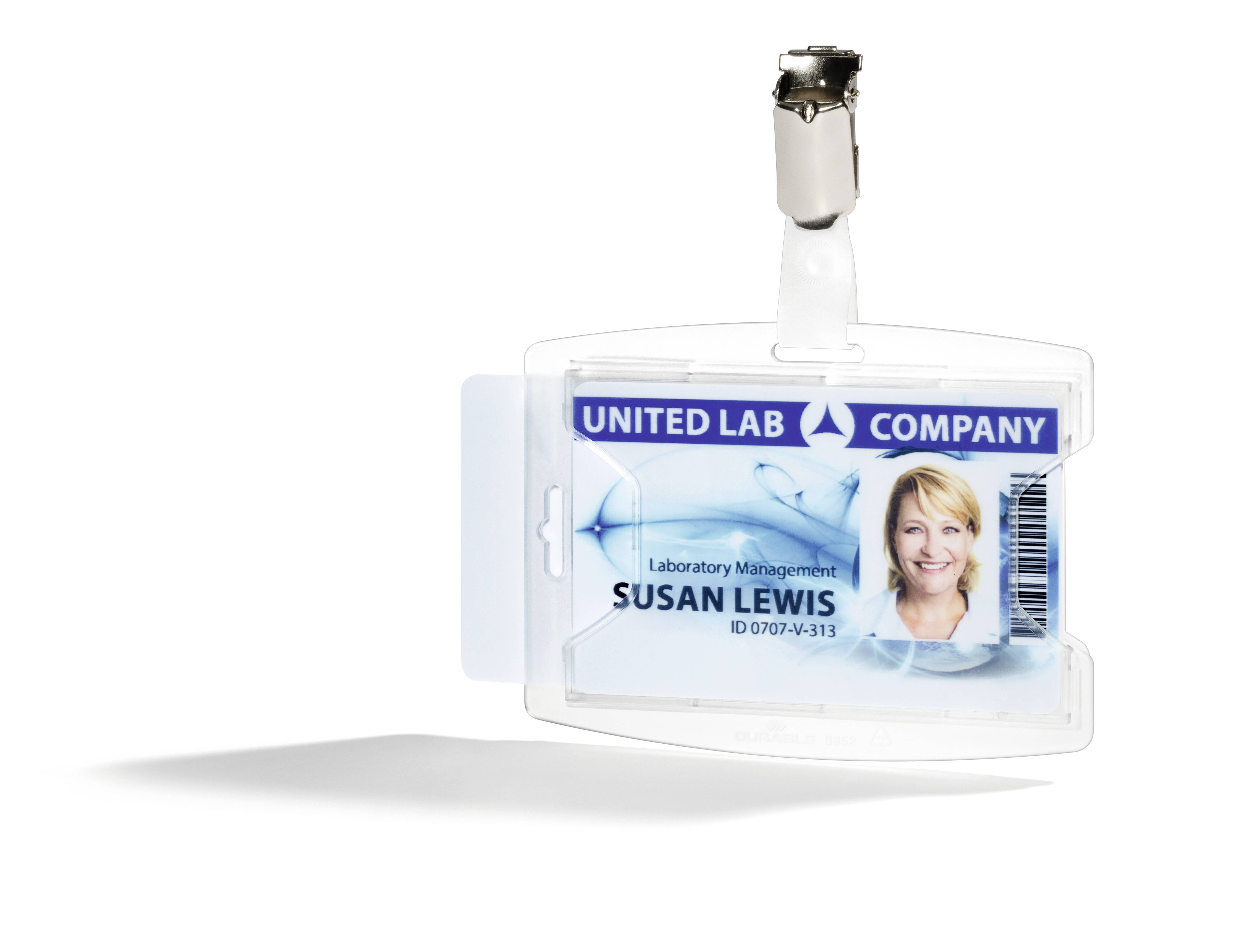 Plastikausweis mit Foto einer Person, die für 'United Lab Company' arbeitet. Name 'Susan Lewis', Abteilung 'Laboratory Management'.