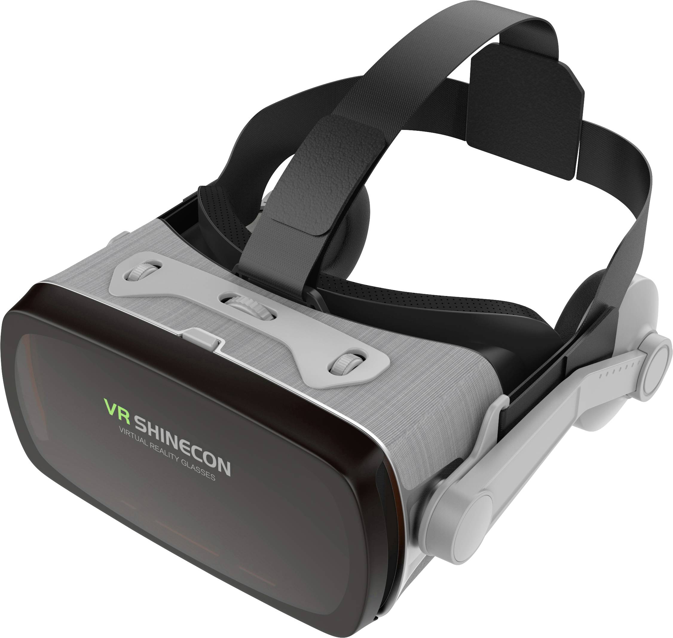 VR-Headset mit der Aufschrift 'VR Shinecon'. Es hat eine schwarze Front, graue Knöpfe und ein verstellbares Kopfband.