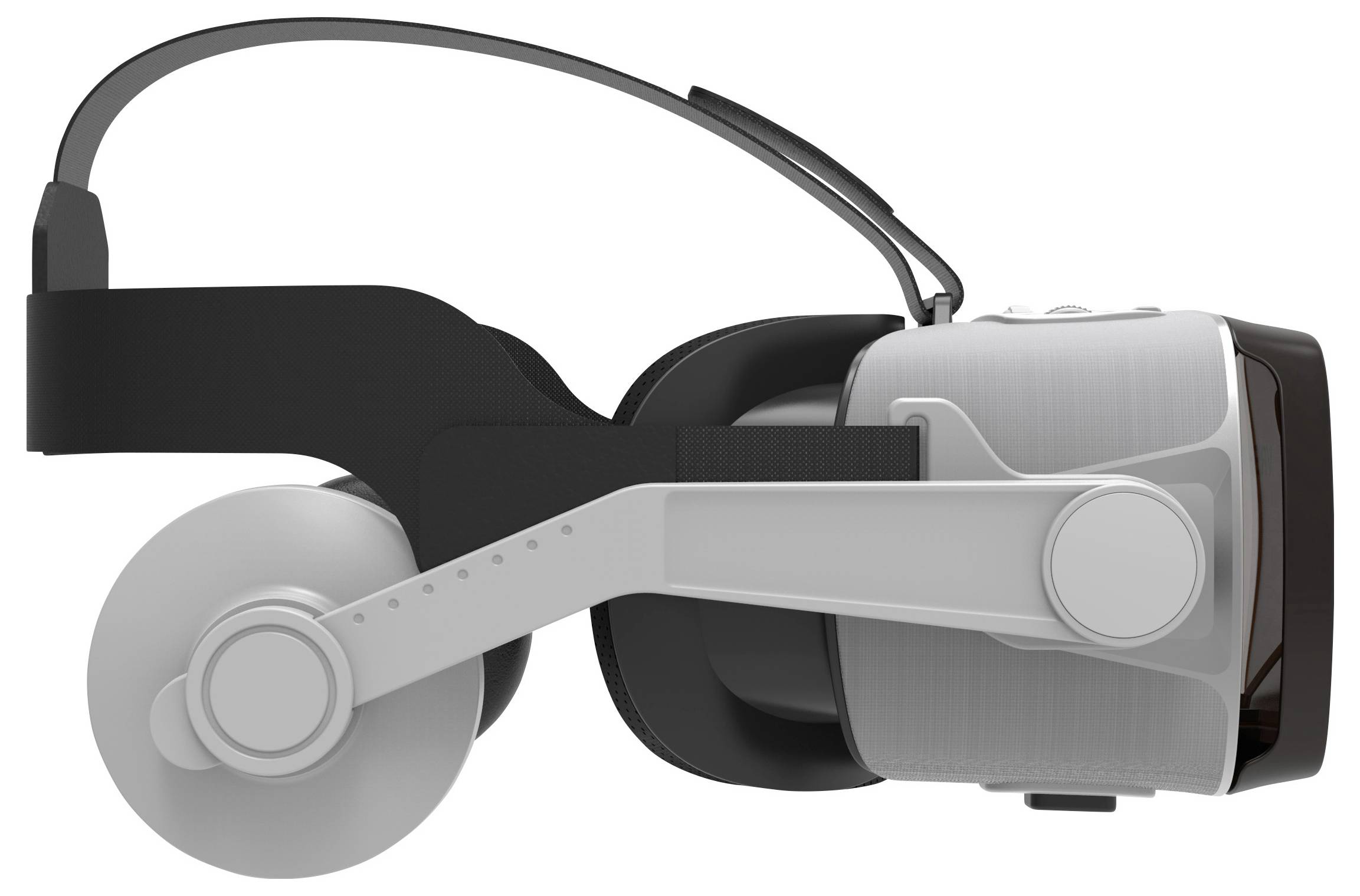 VR-Headset in seitlicher Ansicht mit schwarzem und grauem Design, verstellbare Kopfriemen und Gehöreinheiten sichtbar.
