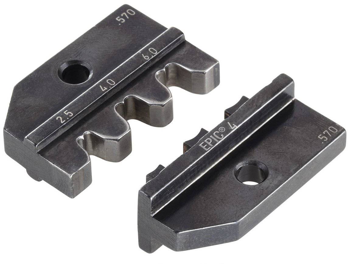 Zwei metallische Stanzteile mit unterschiedlichen Aussparungen und Gravuren 'EPIC 4', '2.5', '4.0', '6.0', wahrscheinlich für Kabelverbindungen.
