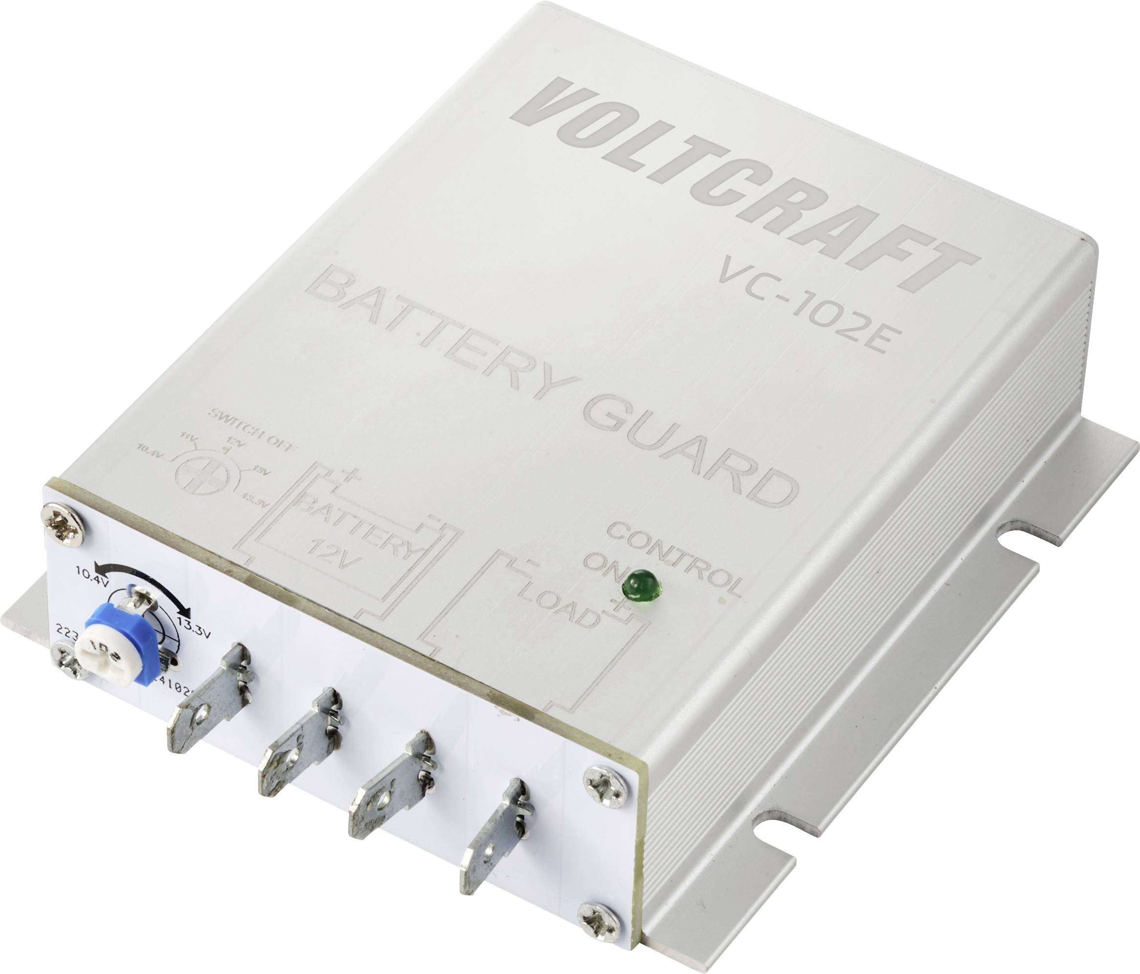 Ein graues Gerät mit der Aufschrift 'Voltcraft VC-102E Battery Guard', grüner Kontrollleuchte und Anschlussklemmen an der Vorderseite.