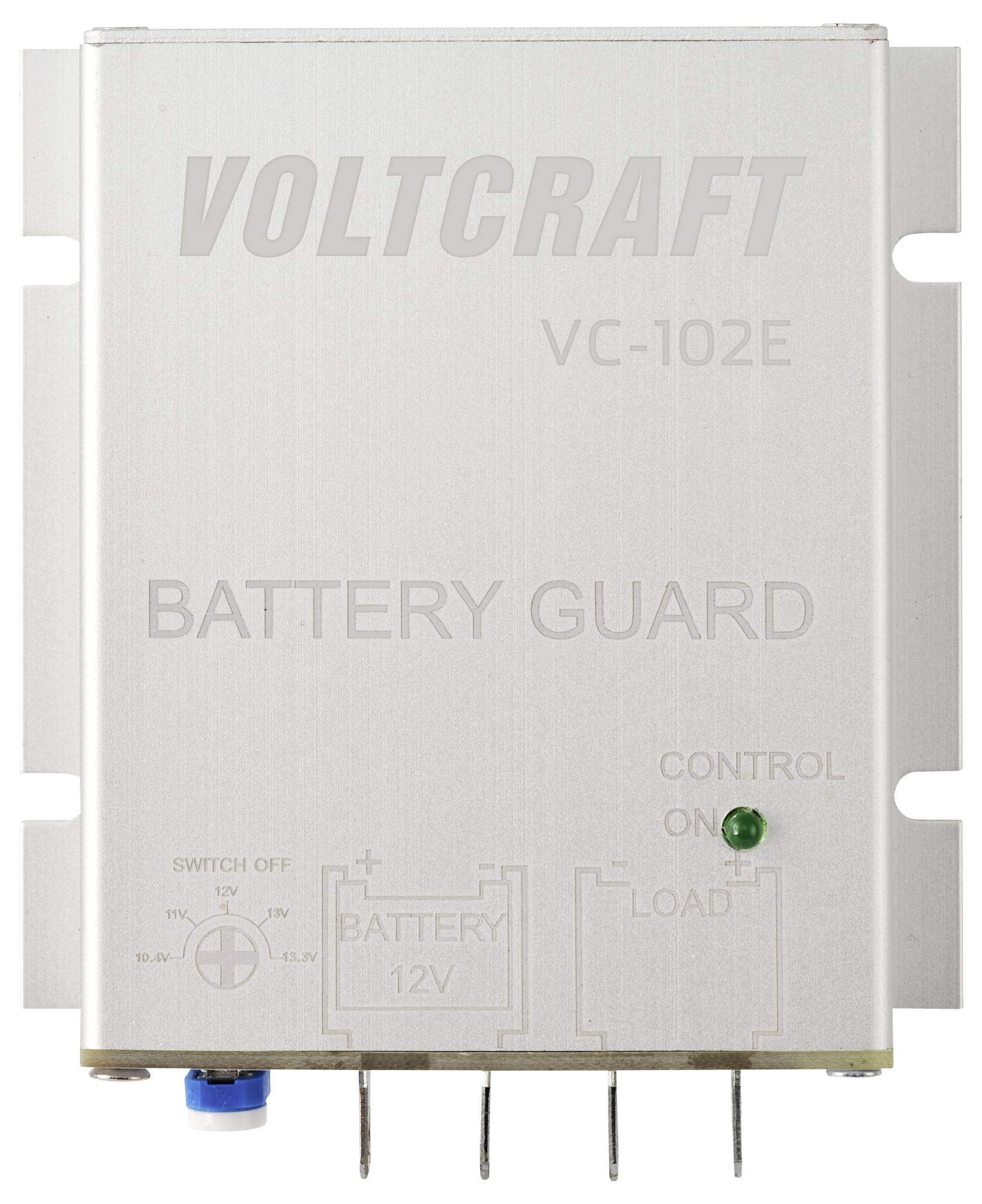'VOLTCRAFT VC-102E BATTERY GUARD' ist ein silberfarbener Gerät zur Überwachung von 12V Batterien, mit Kontrollleuchte und Anschlüssen.