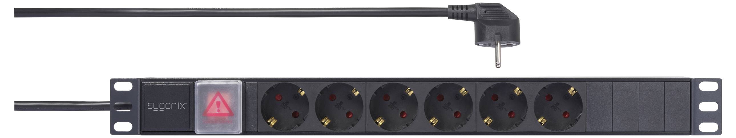 Steckdosenleiste mit acht Steckplätzen und einem ein-/ausschaltbaren Schalter mit Warnsymbol. Schwarzes Kabel mit Winkelstecker.