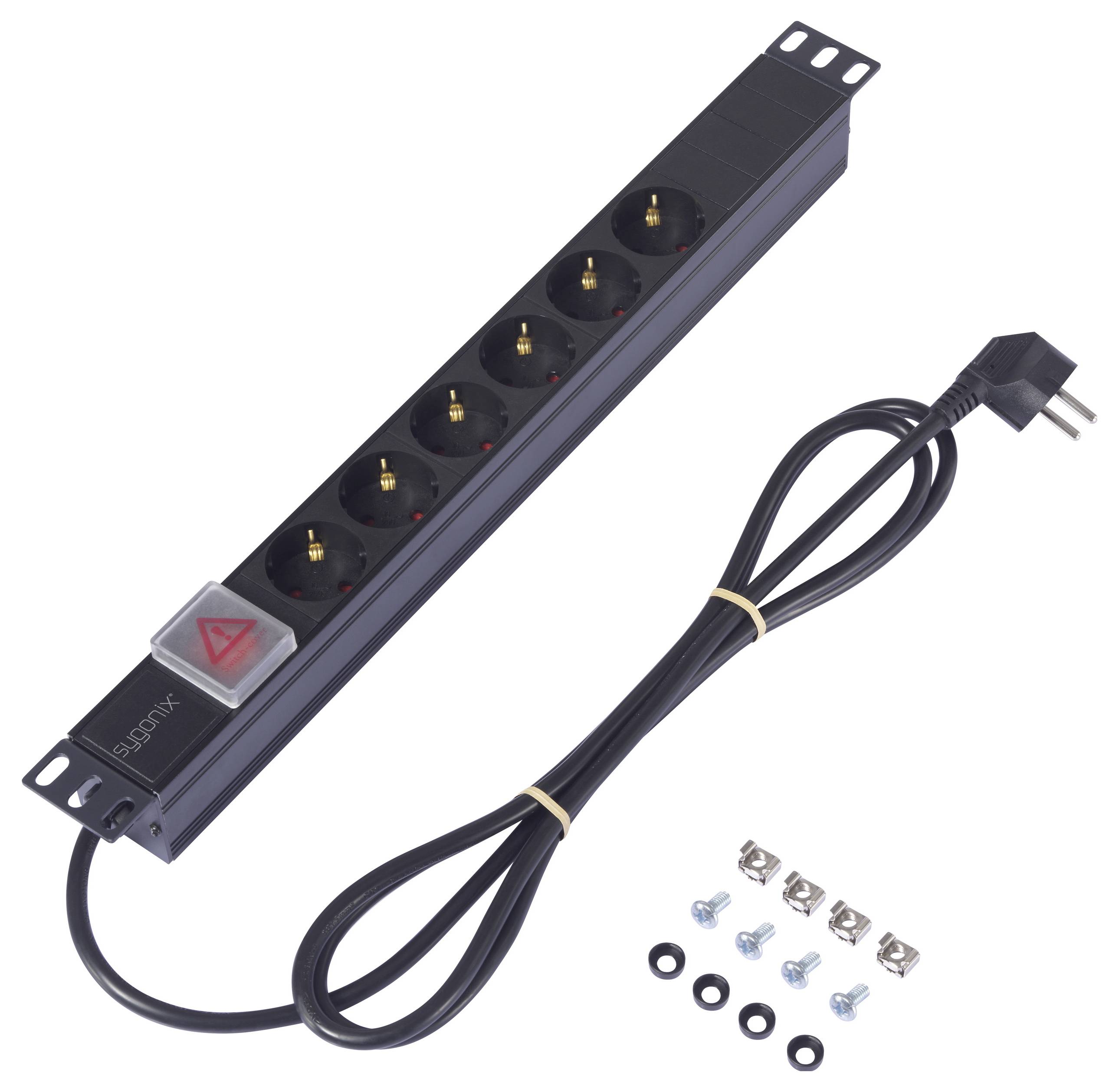 Steckdosenleiste mit sechs Steckplätzen, schwarzem Gehäuse und Netzkabel. Enthält Montagematerial wie Schrauben und Muttern.