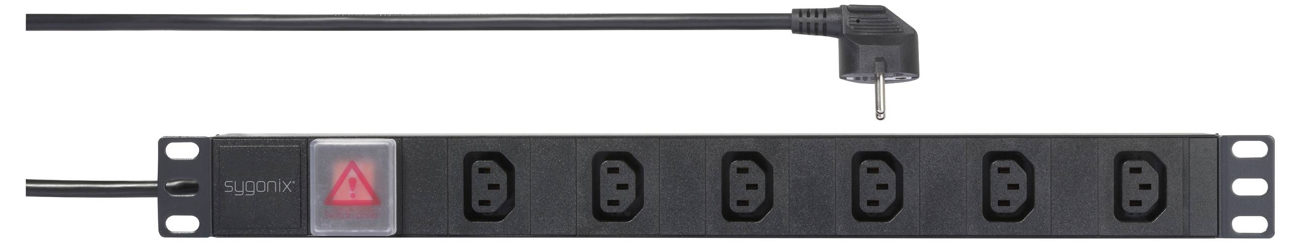 Schwarze Steckdosenleiste mit sechs Buchsen und einem Ein-/Ausschalter mit roter Kontrollleuchte, flankiert von einem Kabel.