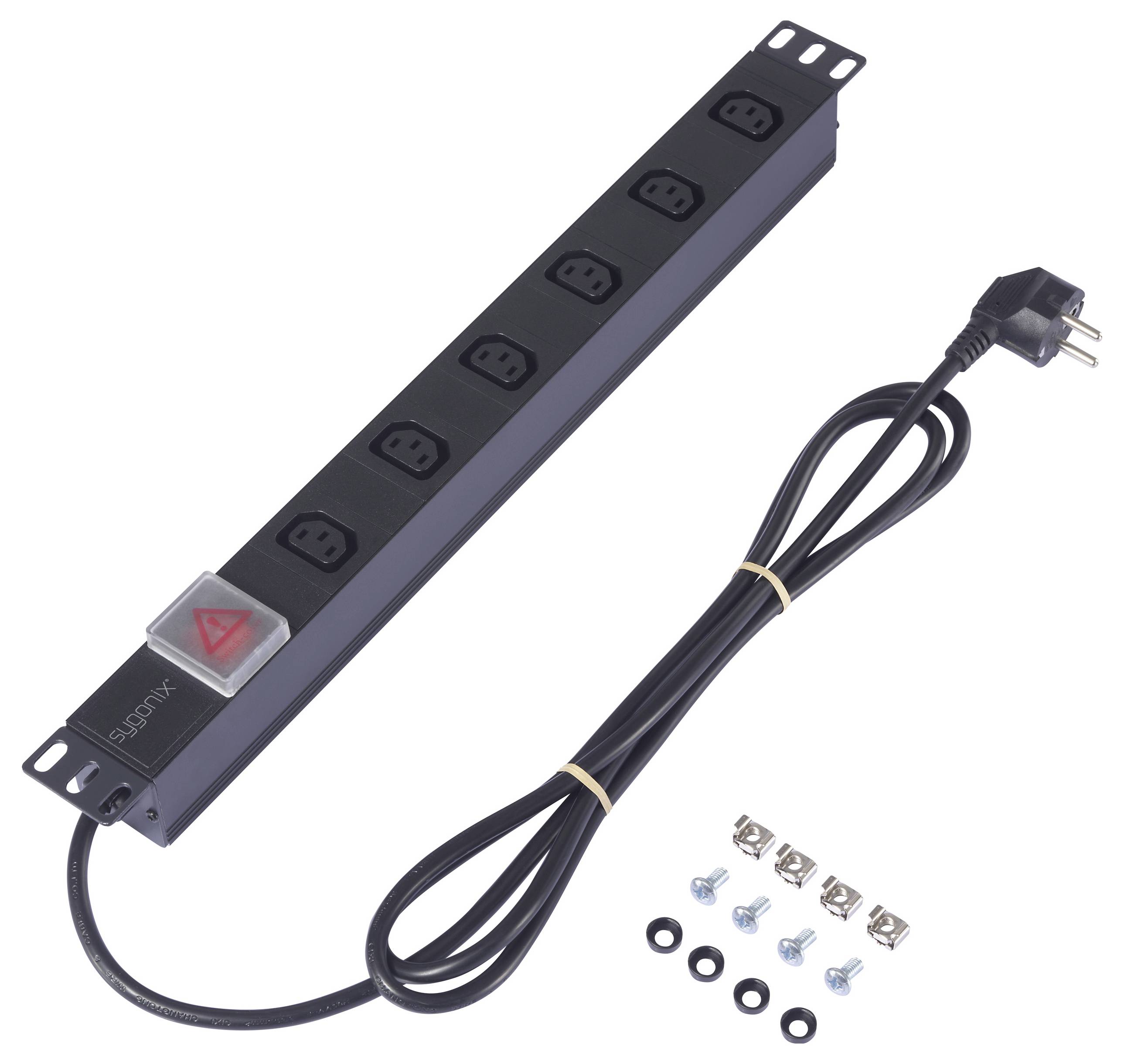Rackmount-Steckdosenleiste mit sechs Steckplätzen, Netzschalter, Netzkabel und Montageschrauben, für die Stromverteilung in Server-Racks.