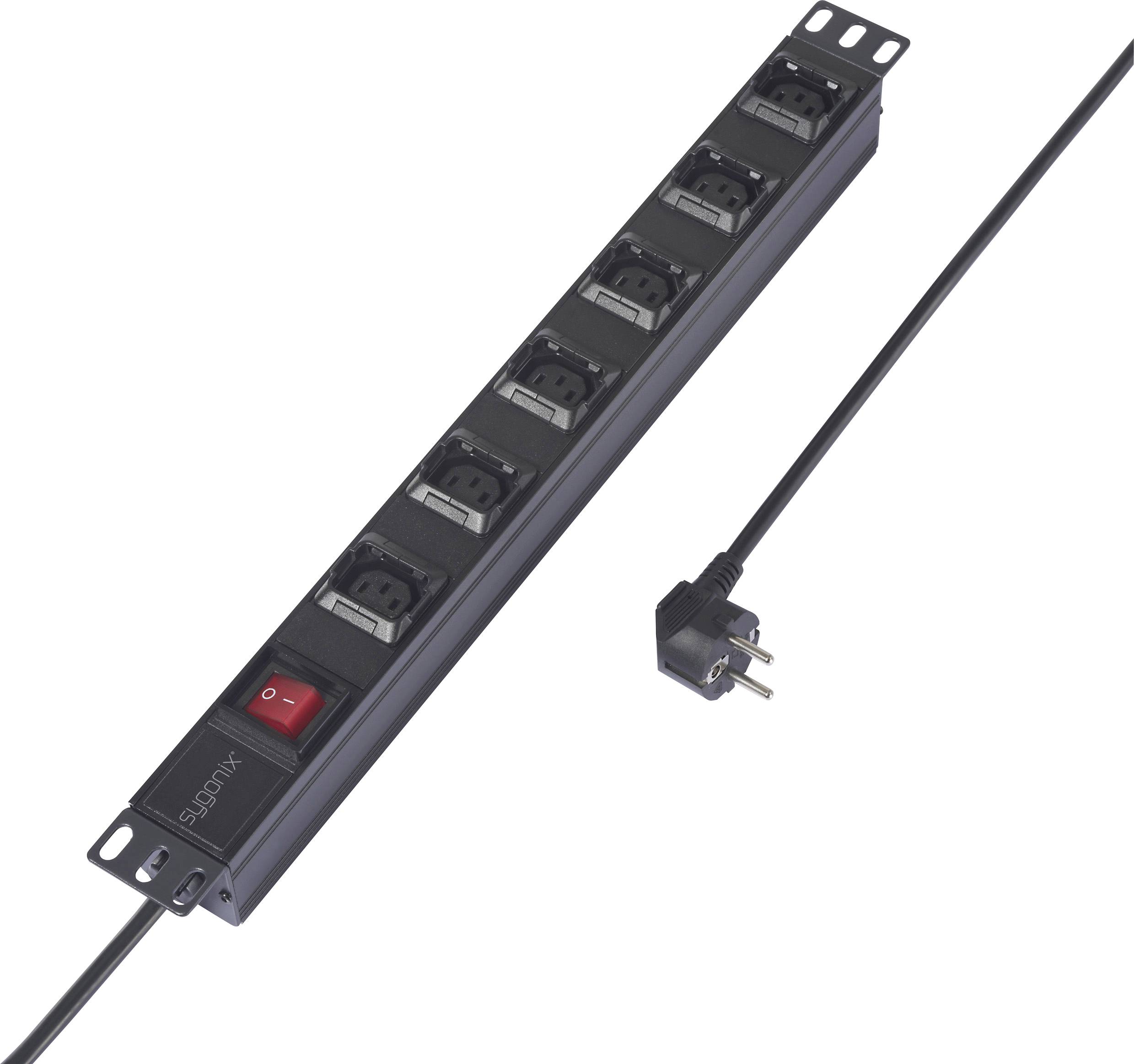 Stromverteilerleiste mit acht Steckdosen und einem rot markierten Ein-/Ausschalter, verbunden mit einem Netzkabel und europäischem Stecker.