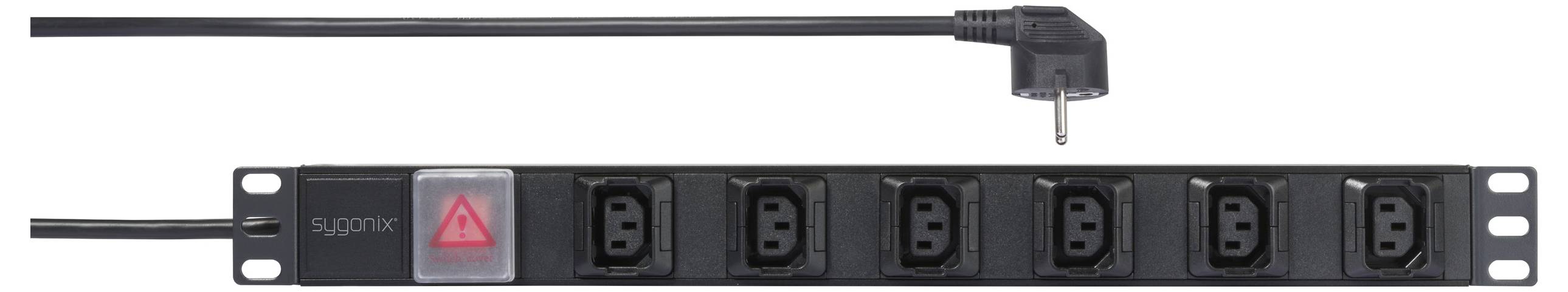 Schwarze Steckdosenleiste mit fünf Steckplätzen und einem Kippschalter, angeschlossen an ein schwarzes Netzkabel mit Winkelstecker.