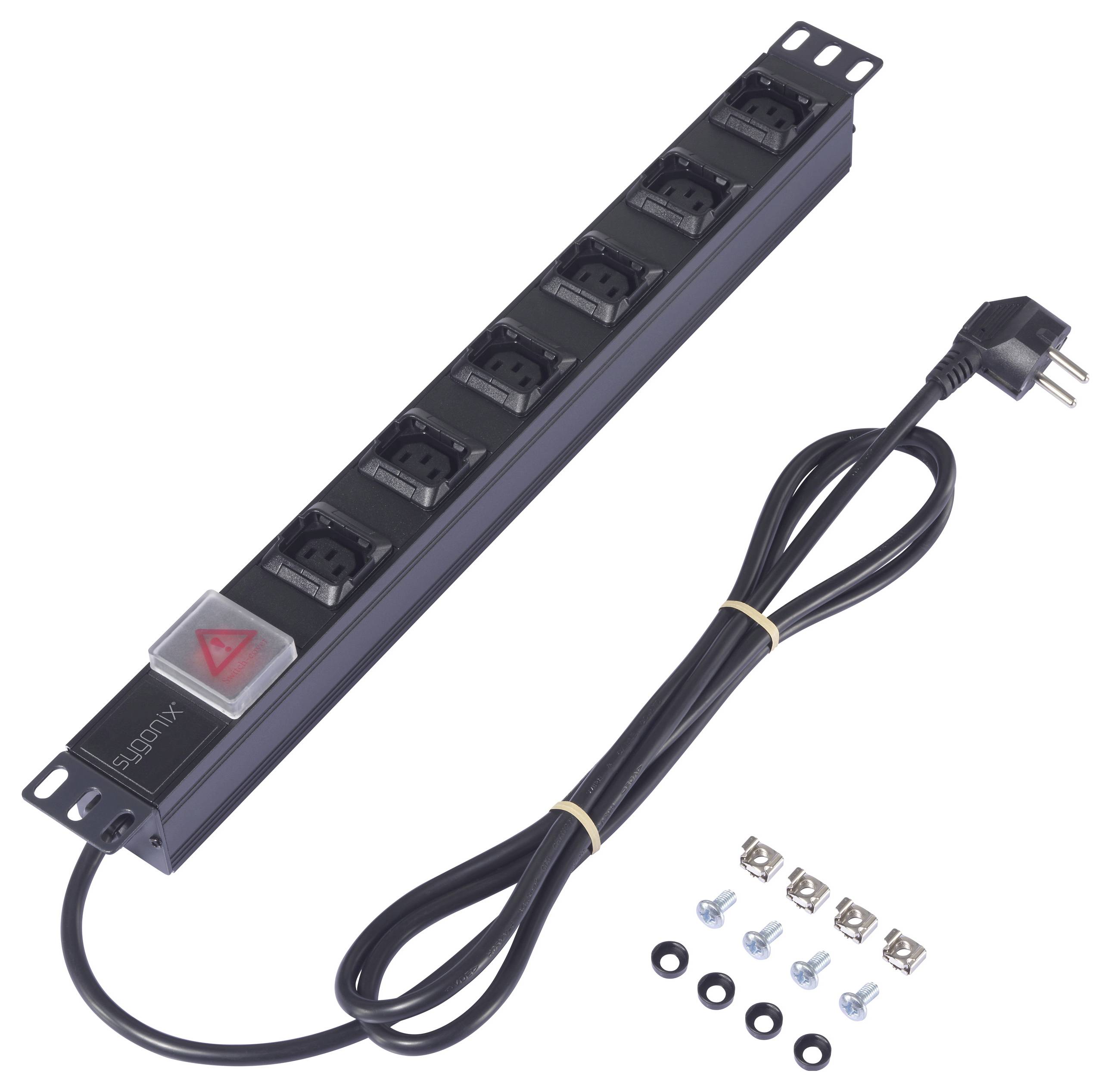 Mehrfachsteckdose mit sieben Steckplätzen und einem Ein-/Ausschalter. Enthält ein Netzkabel und Befestigungsschrauben.