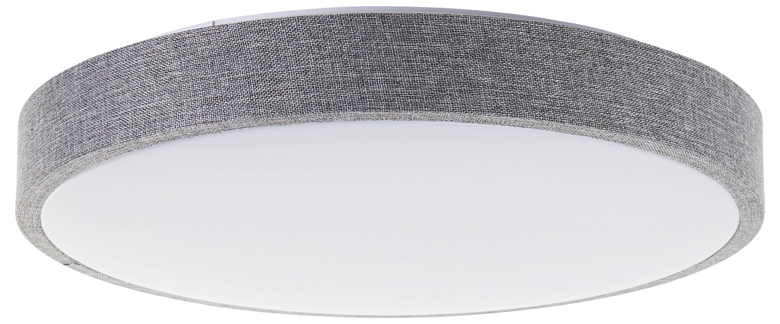 Flache, runde Deckenleuchte mit weißem Schirm und grauem Stoffrand, ideal für moderne Innenräume.