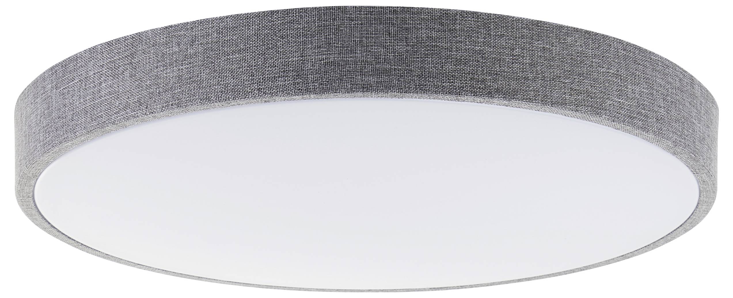 Runde Deckenleuchte mit grauem Stoffrahmen und weißem Diffusor, geeignet für moderne Wohnräume.