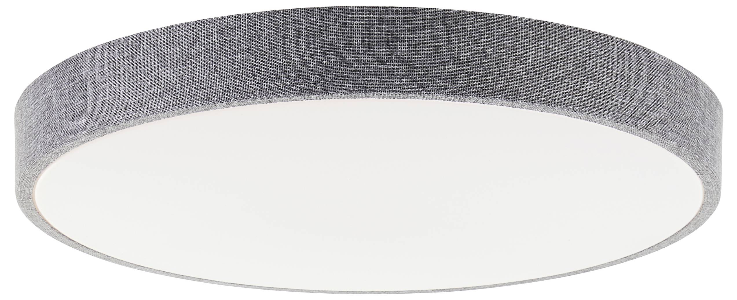 Runde Deckenleuchte mit grauem Stoffrand und weißem Diffusor, bietet gleichmäßiges, weiches Licht für Innenräume.