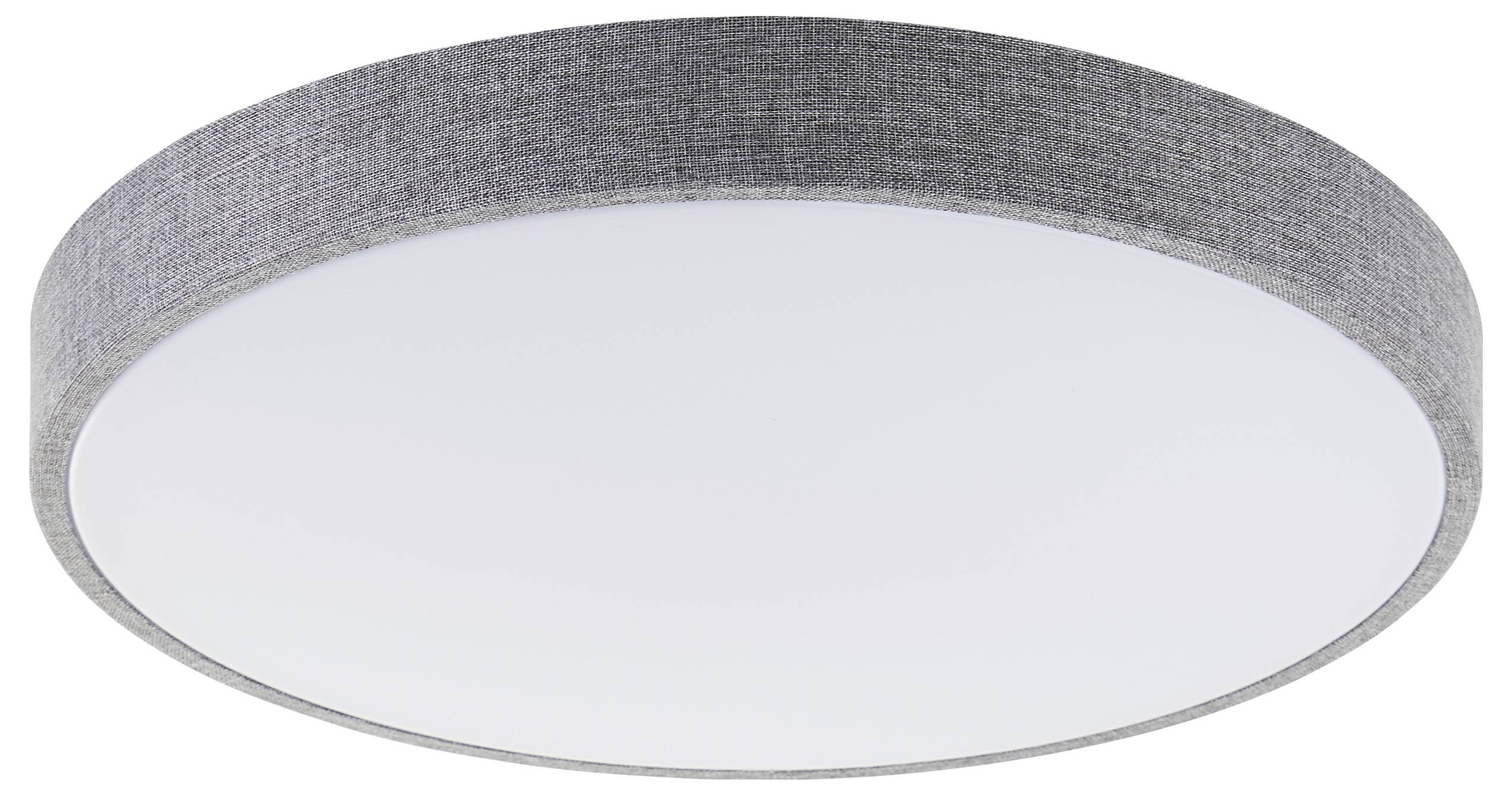 Runde, graue Deckenlampe mit schlichtem, modernem Design. Flacher, grauer Rand um weiße Lichtfläche. Ideal für dezente Beleuchtung.