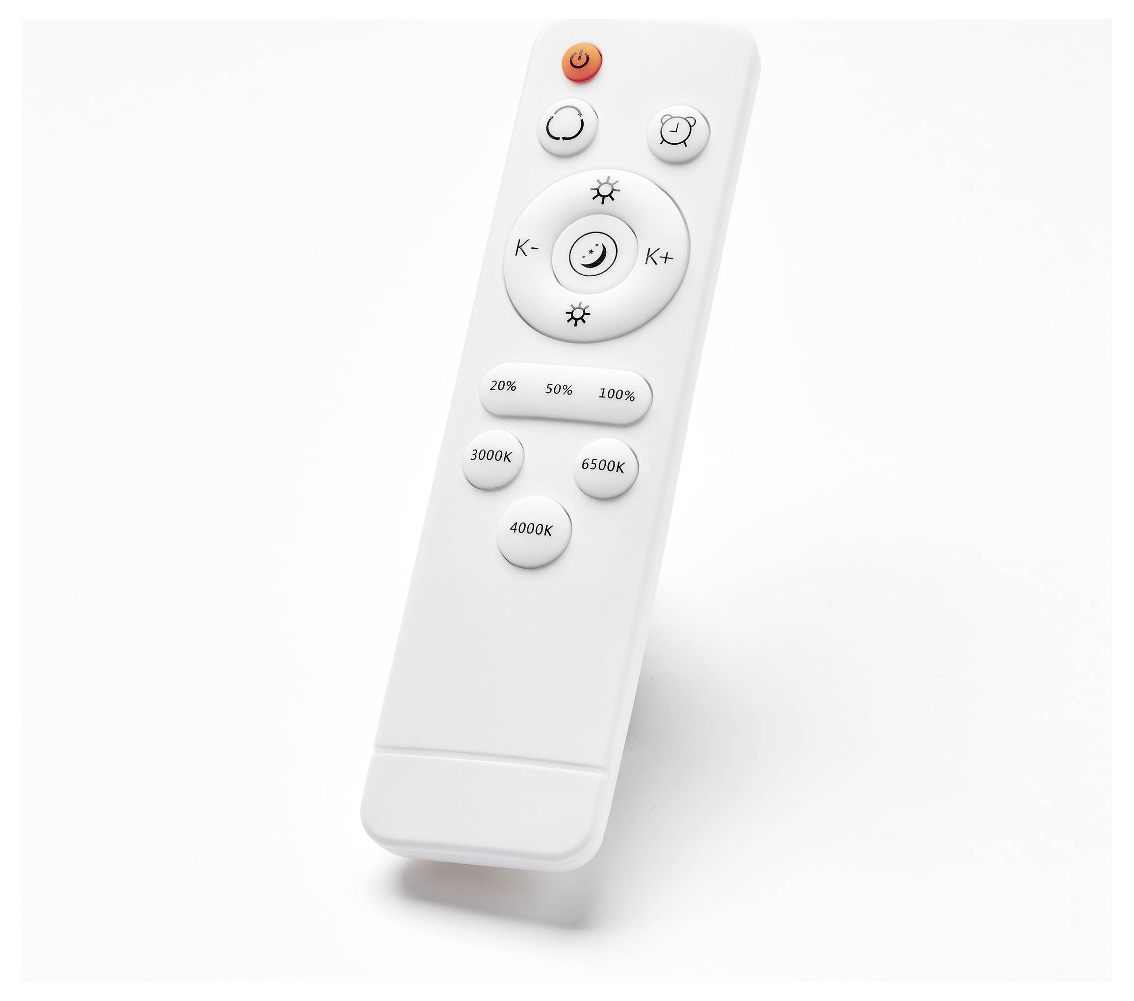 Eine weiße Fernbedienung mit Tasten für Helligkeits- und Farbtemperatureinstellungen, einschließlich 20 %, 50 %, 100 % und 3000K bis 6500K.