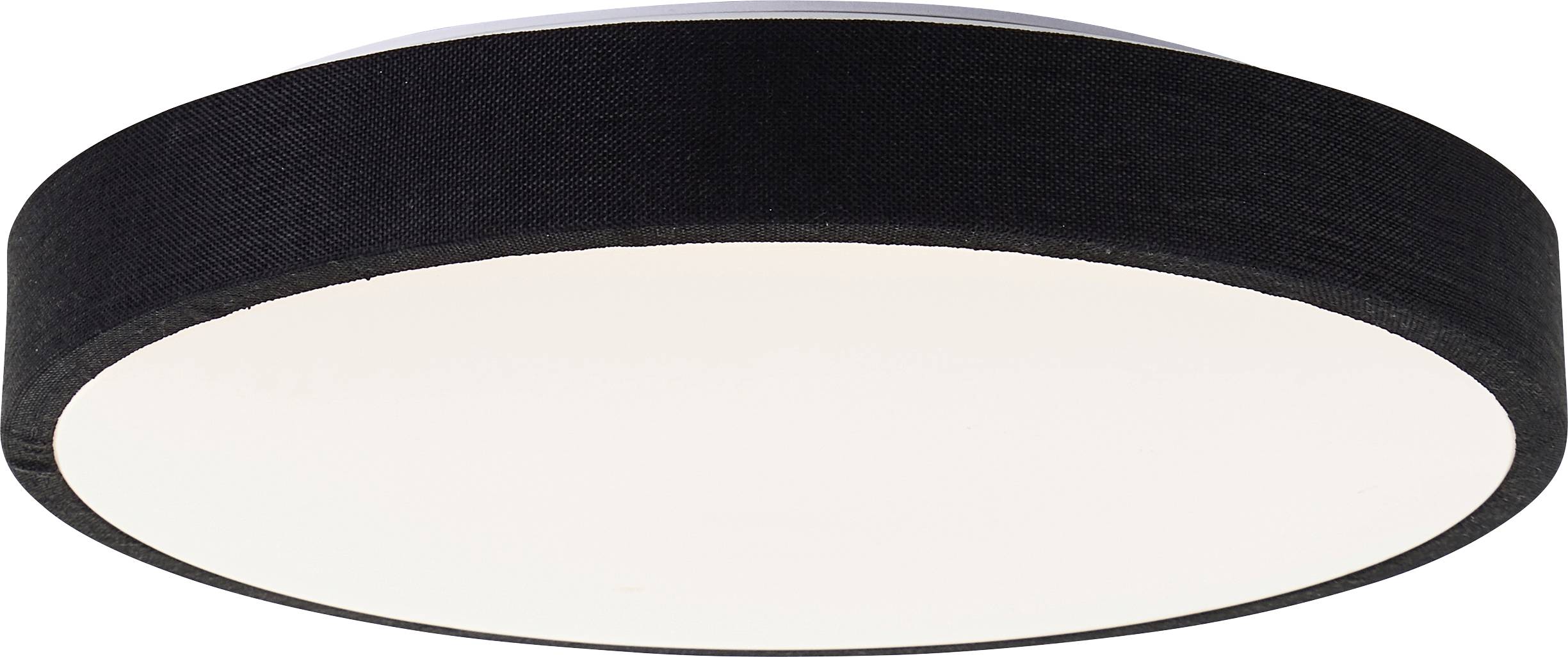 Runde, flache Deckleuchte mit schwarzem Rand und weißer Lichtfläche. Ideal für moderne Innenräume.