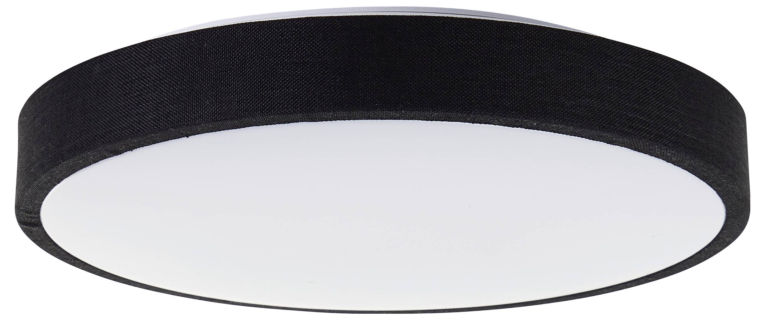 Runde Deckenleuchte mit schwarzem Rand und weißer Abdeckung.