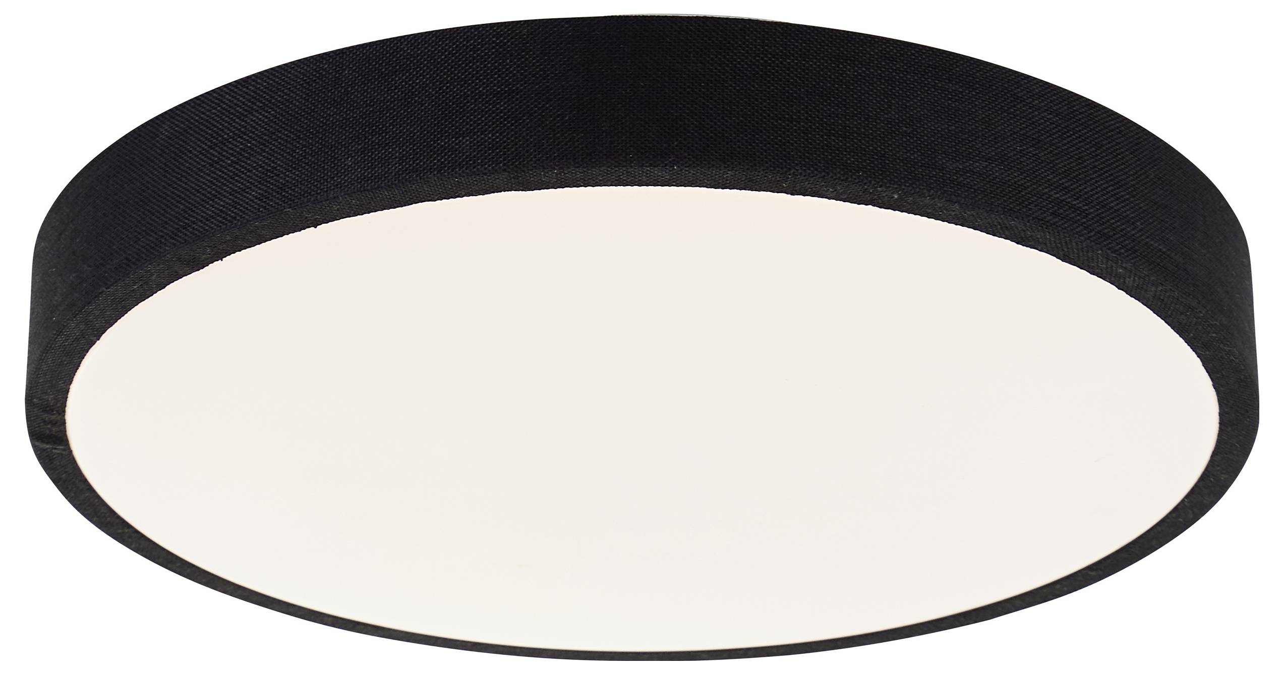 Runde, schwarze Deckenleuchte mit weißem Leuchtmittel in der Mitte, modern und schlichtes Design. Geeignet für Innenräume.