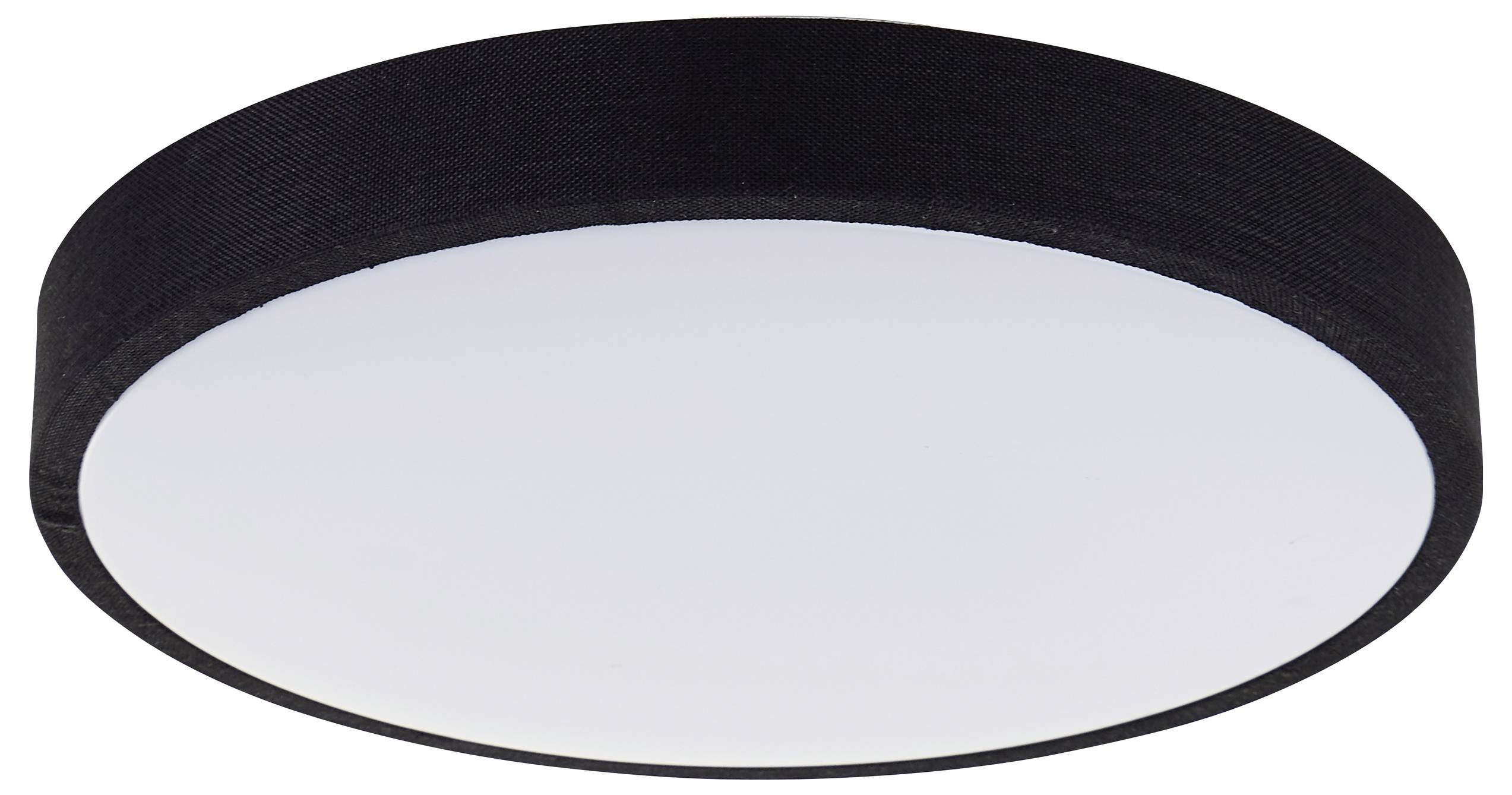 Schwarze, runde Deckenleuchte mit weißem Diffusor. Minimalistisches Design für moderne Innenräume.