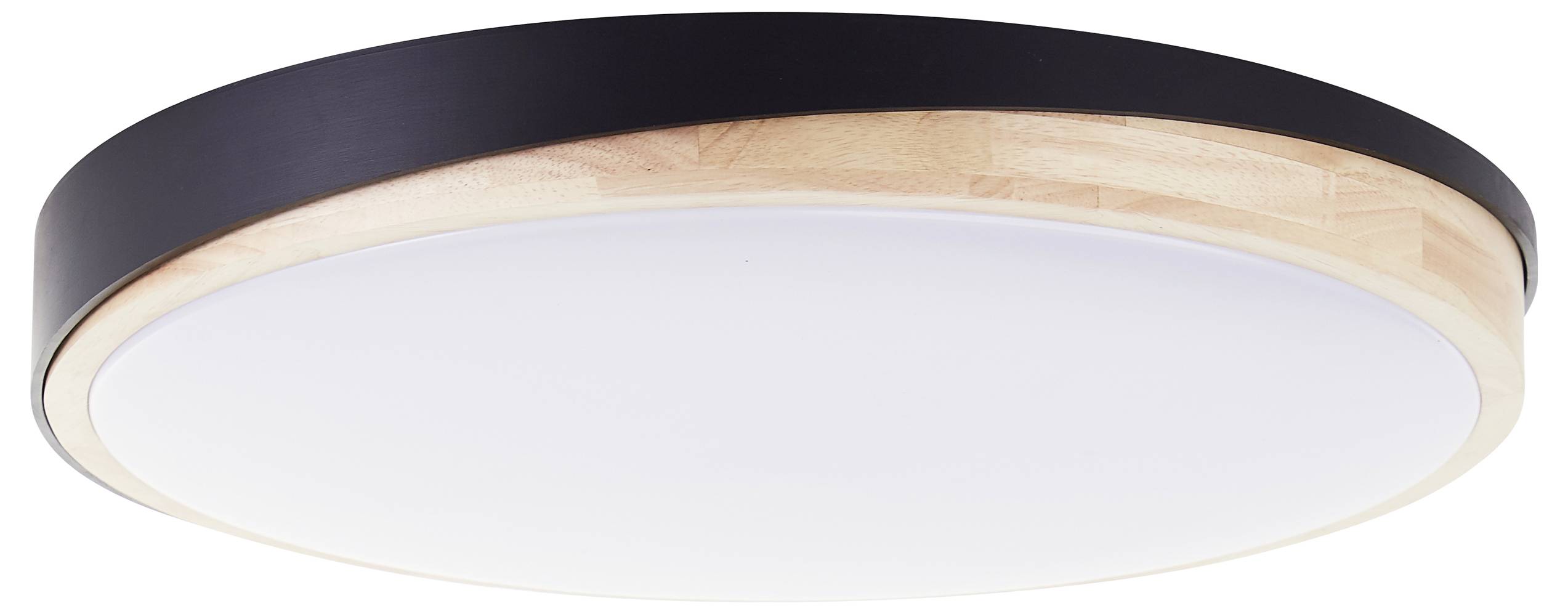 Flache, runde Deckenleuchte mit weißem Diffusor, umrahmt von einem schwarzen Gehäuse mit Holzdetails.