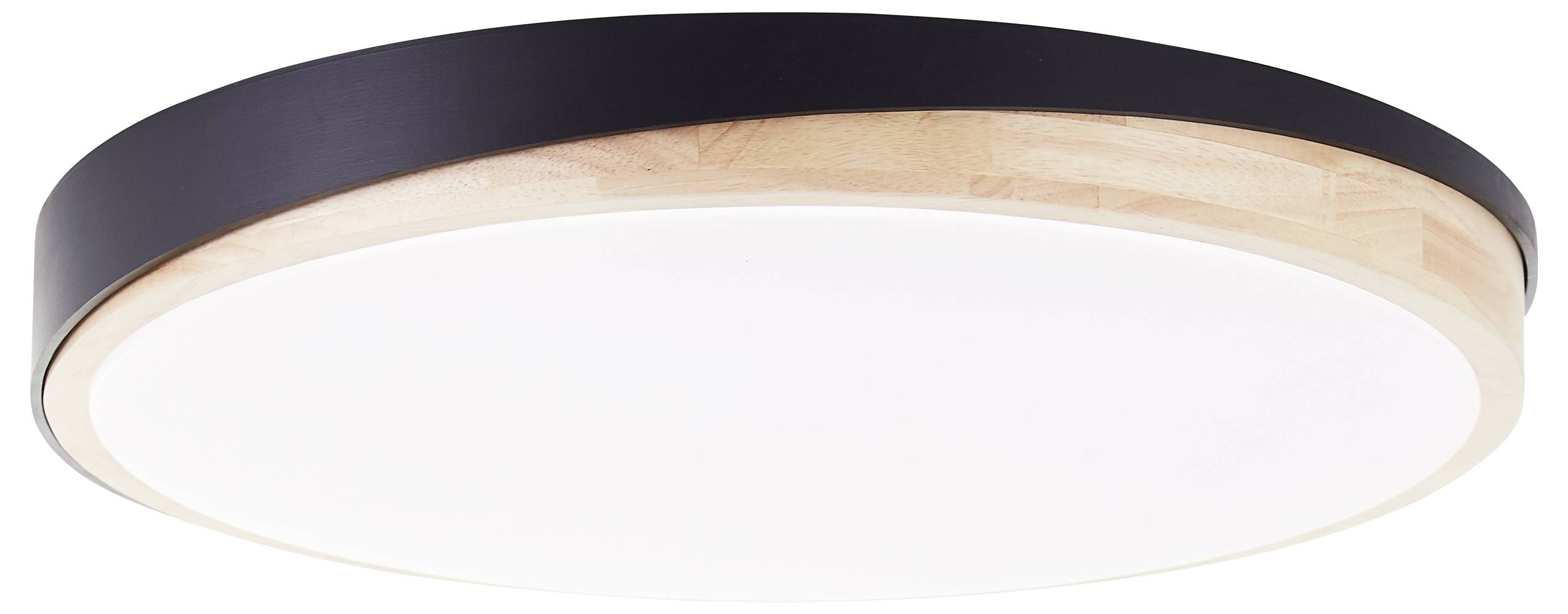 Runde Deckenleuchte in Schwarz und Holzoptik mit weißem Diffusor.