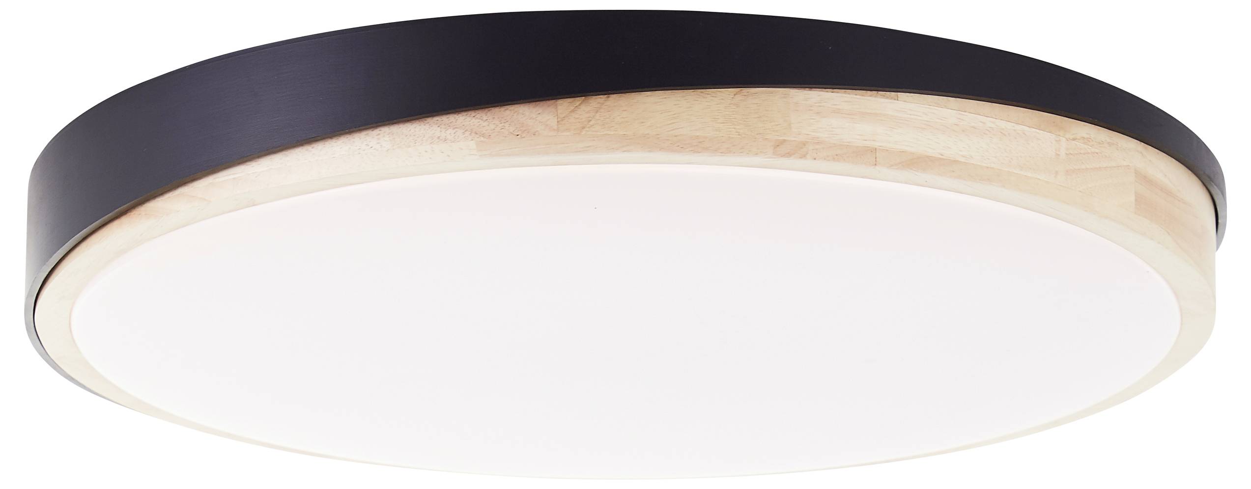 Runde Deckenleuchte mit schwarzem Rand und heller Holzverkleidung. Modernes Design, das sich in verschiedene Raumstile einfügt.