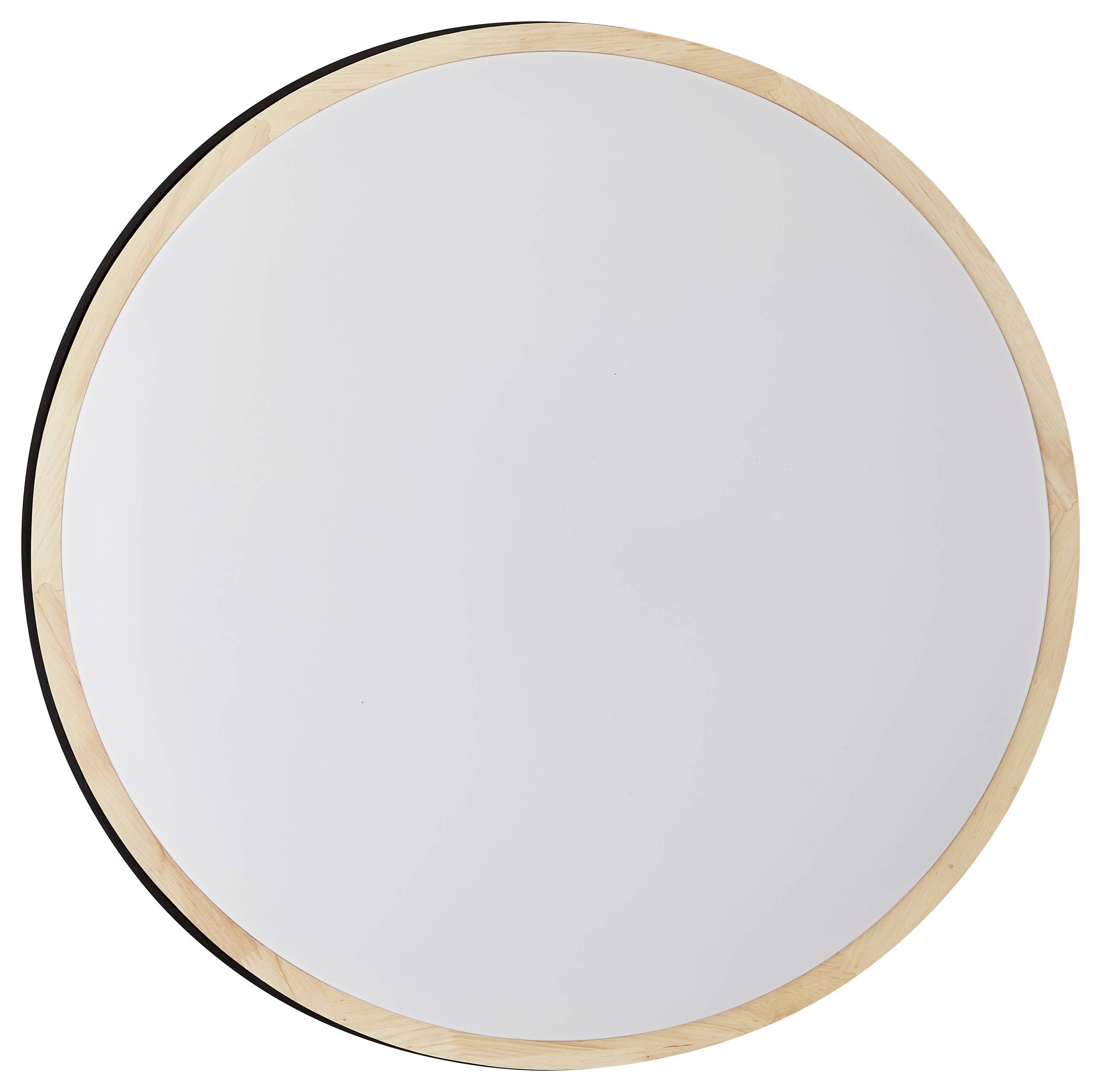Ein runder Spiegel mit einem Holzrahmen. Der Rahmen ist schlicht und hell, um den klaren Spiegel herum angeordnet.