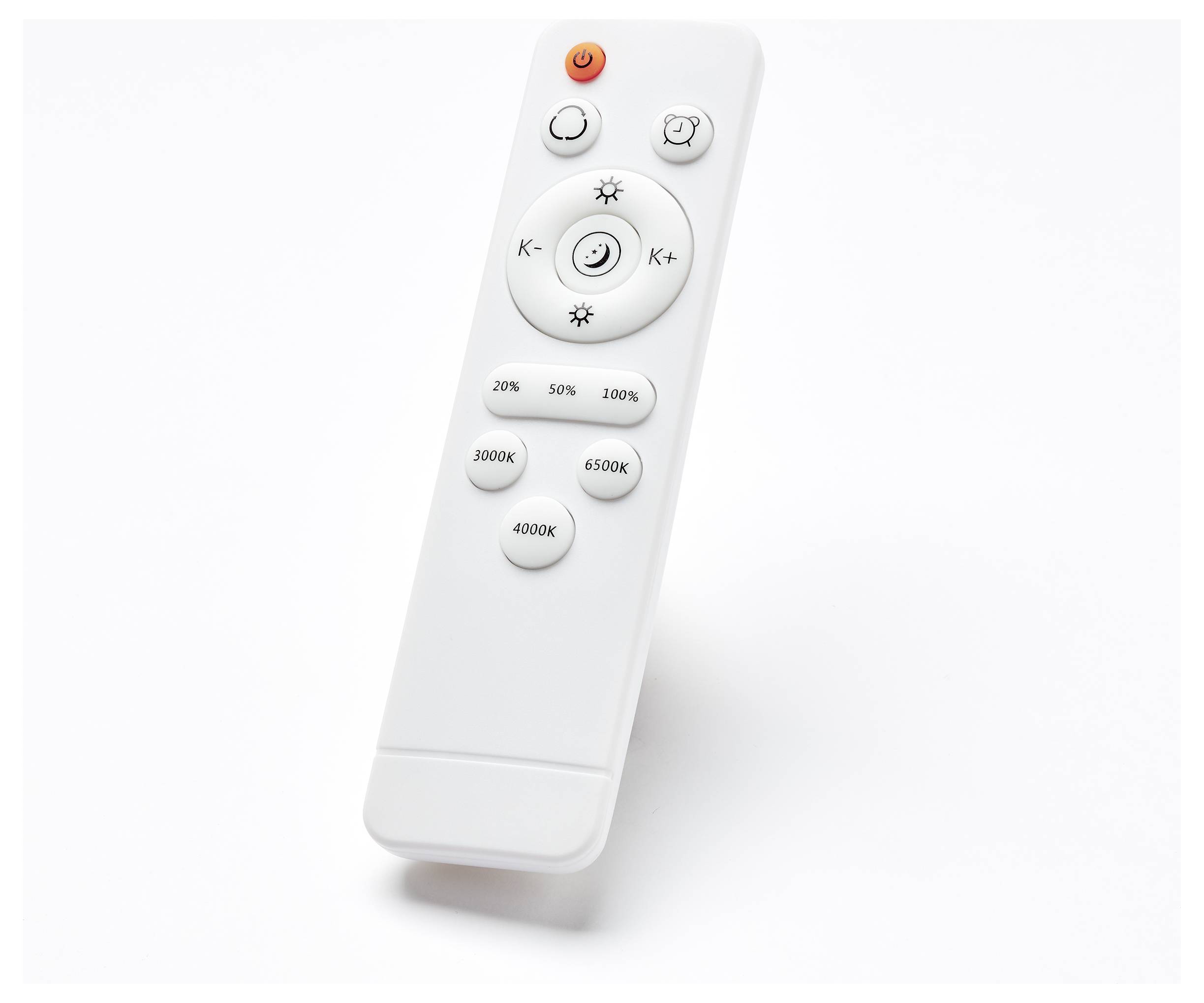 Weiße Fernbedienung mit Tasten zur Helligkeitsregelung, Farbtemperatur und Ein-/Ausschalten auf weißem Hintergrund.