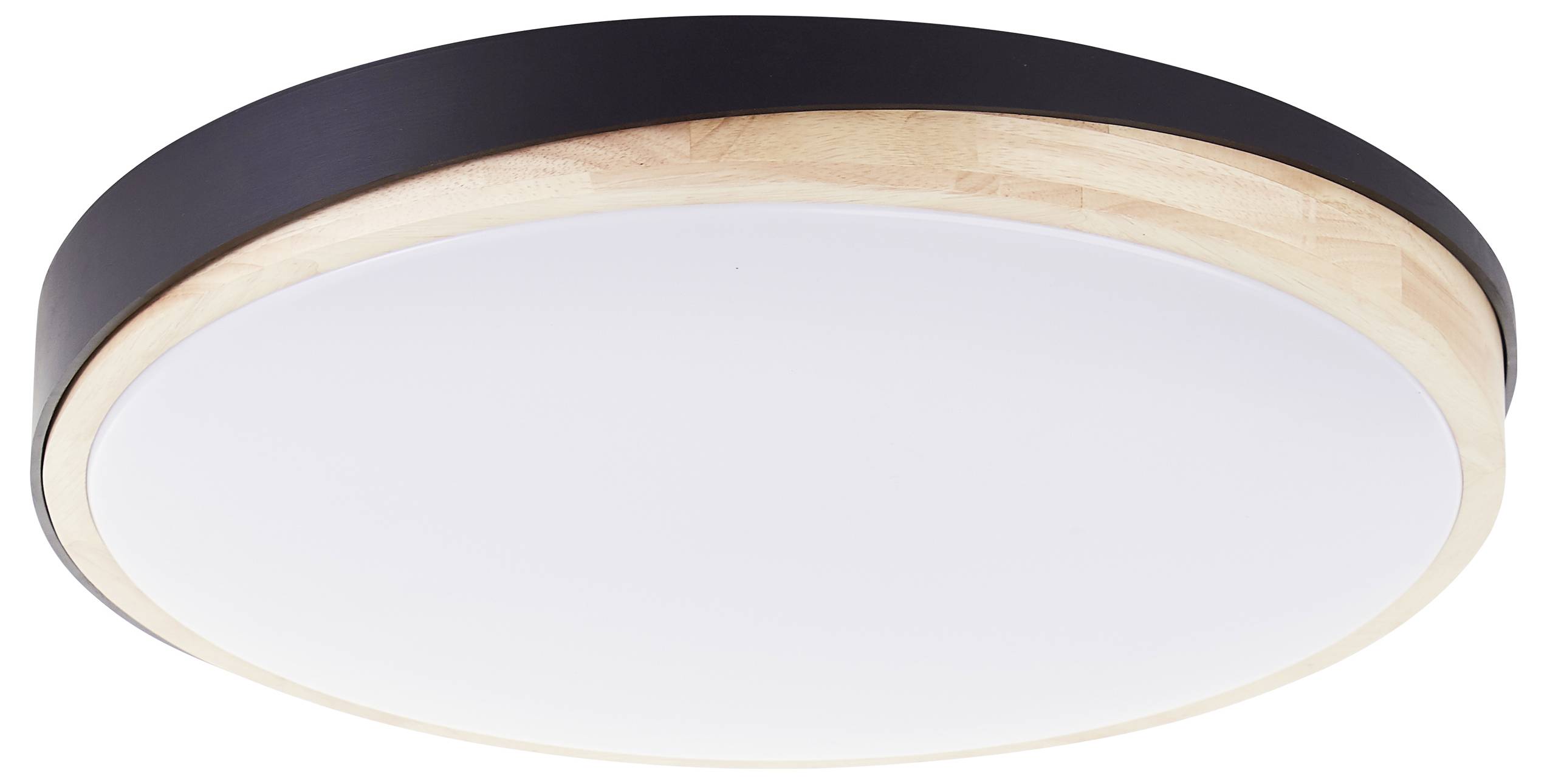 Runde Deckenleuchte mit schwarzem Rand und hellem Holzdetail, zeigt ein modernes und minimalistisches Design.