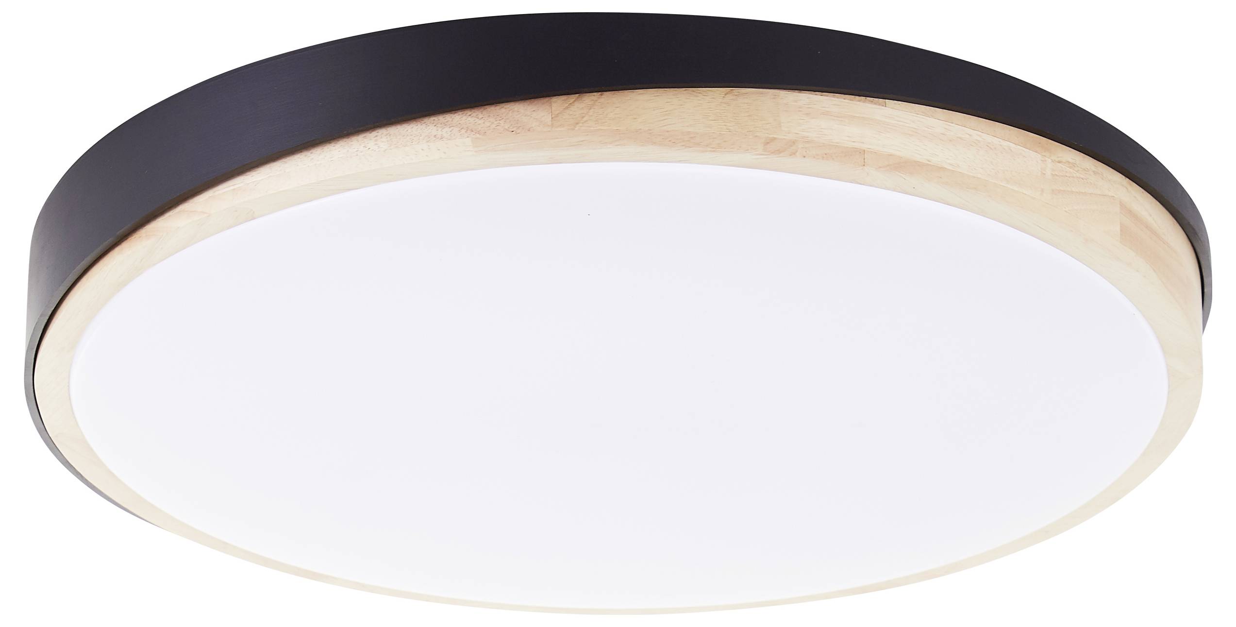 Runde Deckenleuchte aus Holz und Metall, modernes Design, mit weißem Diffusor für gleichmäßige Lichtverteilung.