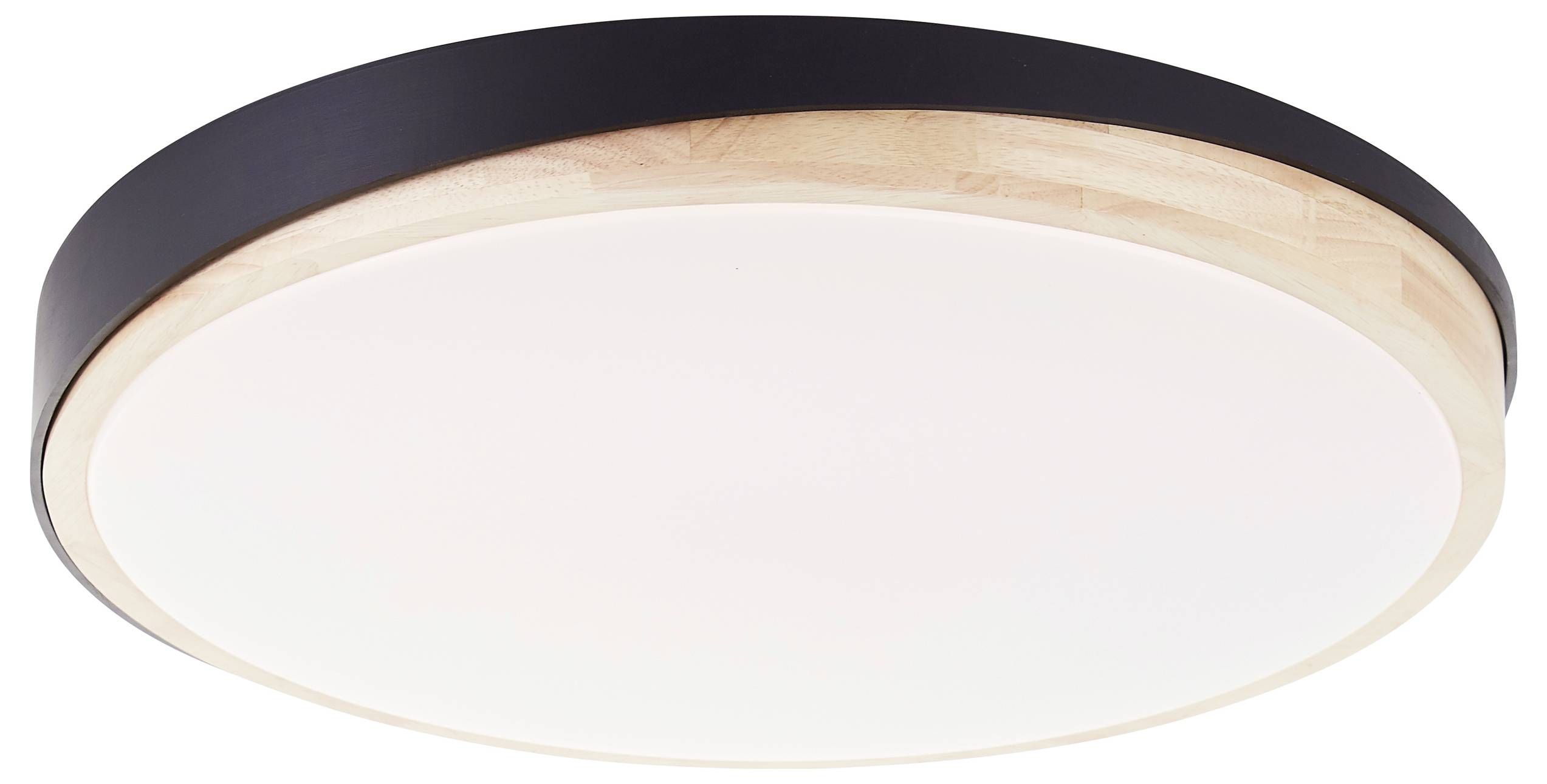 Runde Deckenleuchte mit schwarzem Rand und hellem Holzakzent. Moderne, minimalistische Gestaltung für Innenräume.