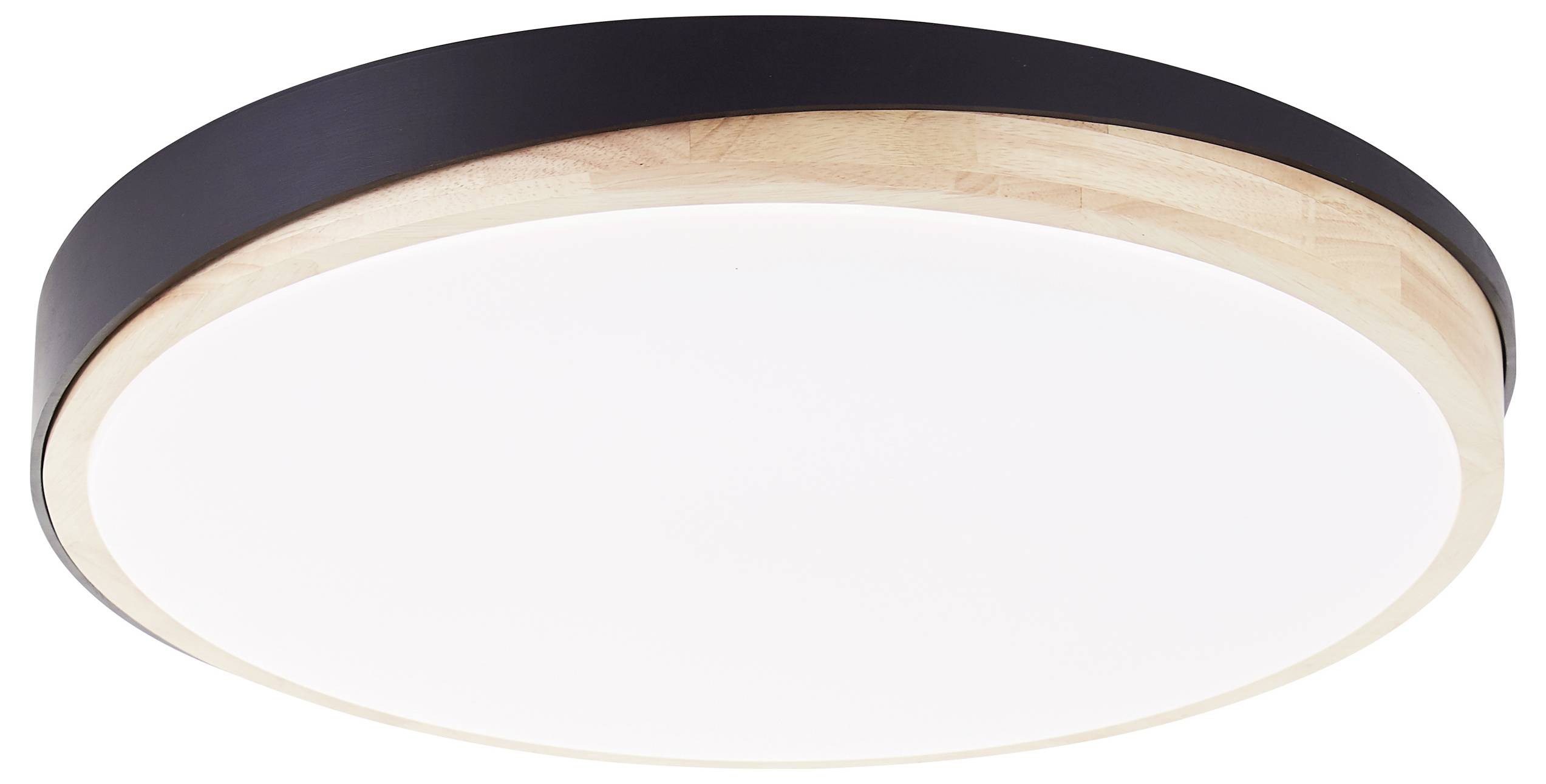 Eine runde, flache Deckenleuchte mit einem schwarzen Rand und einer holzfarbenen Umrandung. Sie strahlt ein gleichmäßiges, diffuses Licht aus.