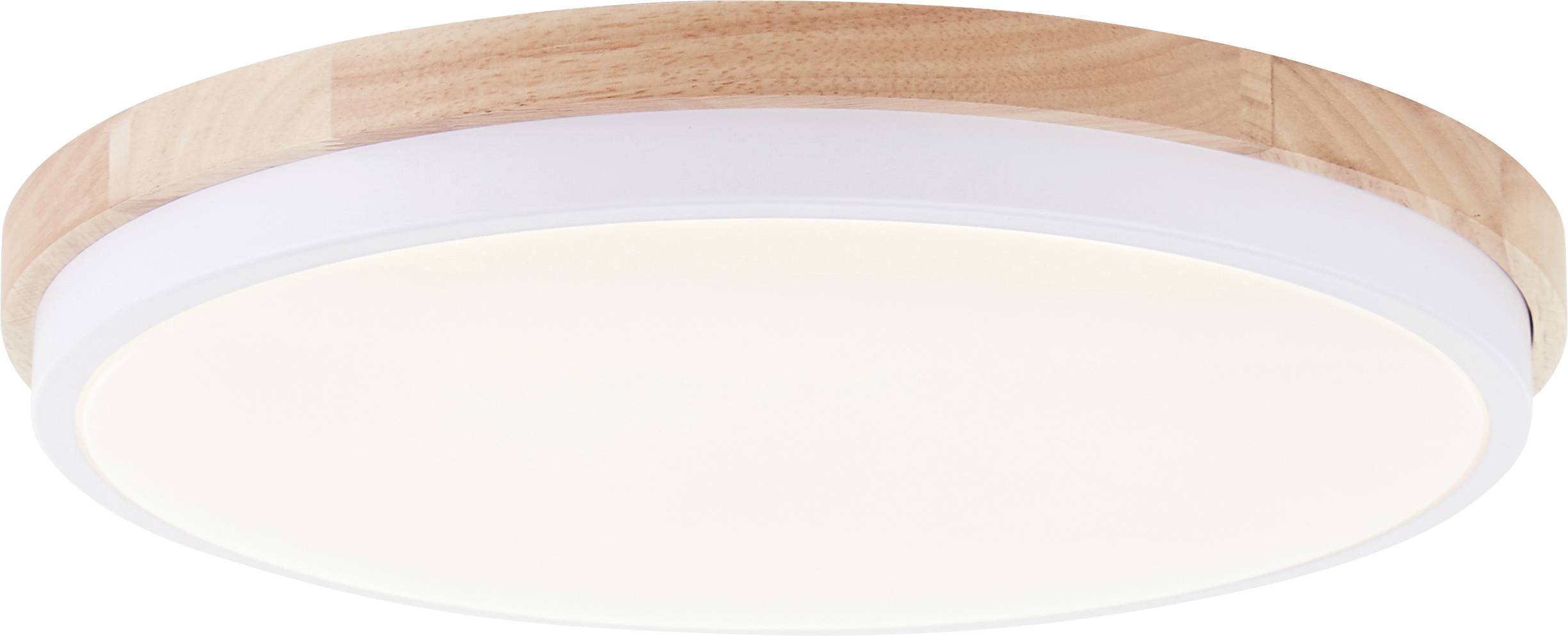 Runde Deckenleuchte mit Holzrand und weißem Schirm, strahlt weiches, gleichmäßiges Licht aus.