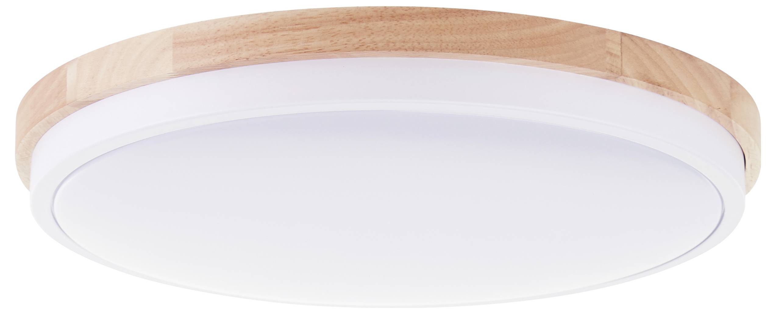 Rundförmige Deckenleuchte mit Holzrahmen und weißem Diffusor, geeignet für moderne Innenräume.